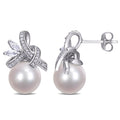 Miadora 10K White Gold Cultured Freshwater Pearl White Topaz 1 6Ct Tdw Diamond Ribbon Earrings 9 10 Mm