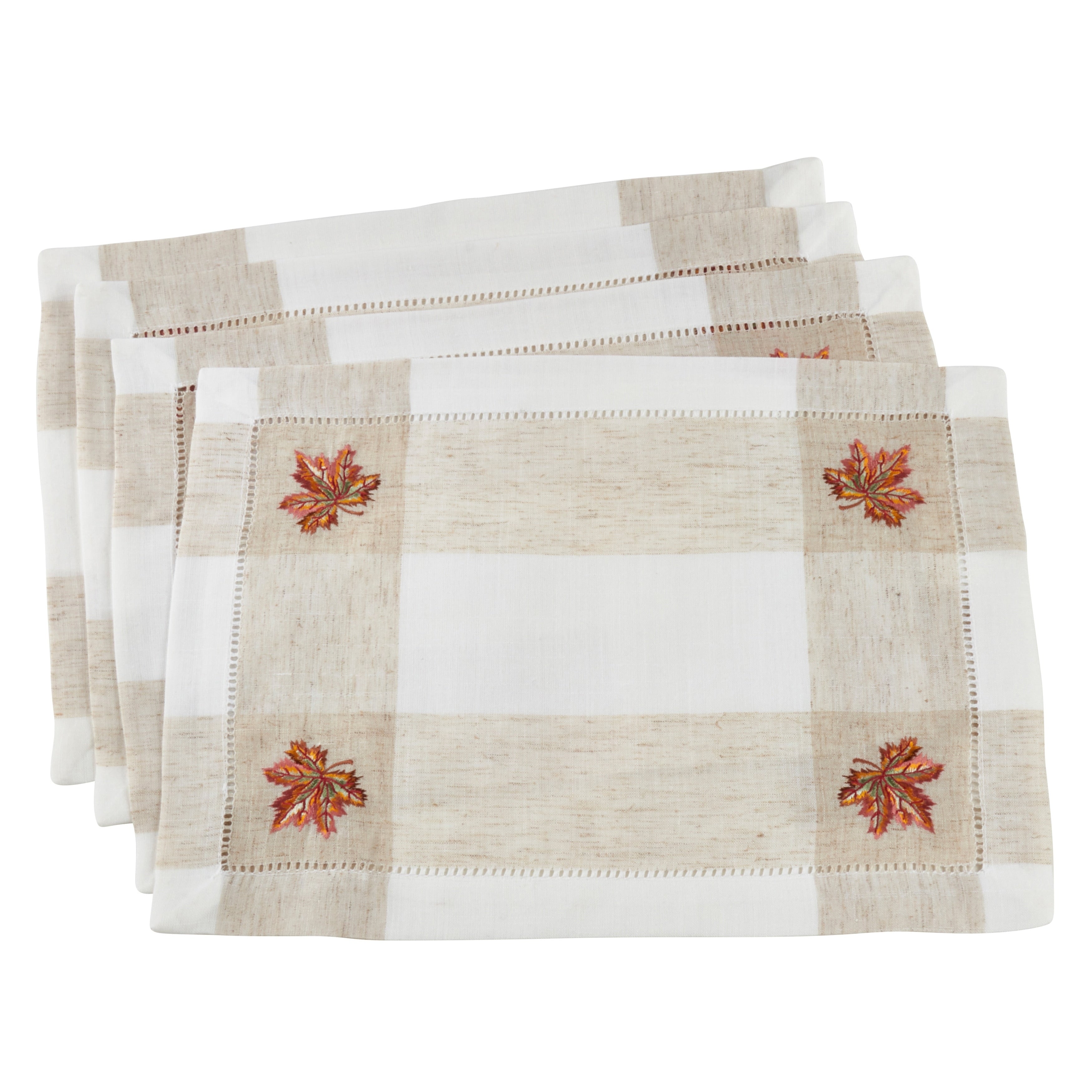 Saro Lifestyle Hommage Brode Collection Ivory Embroidered Leaf Design Hemstitch Placemats Set Of 4