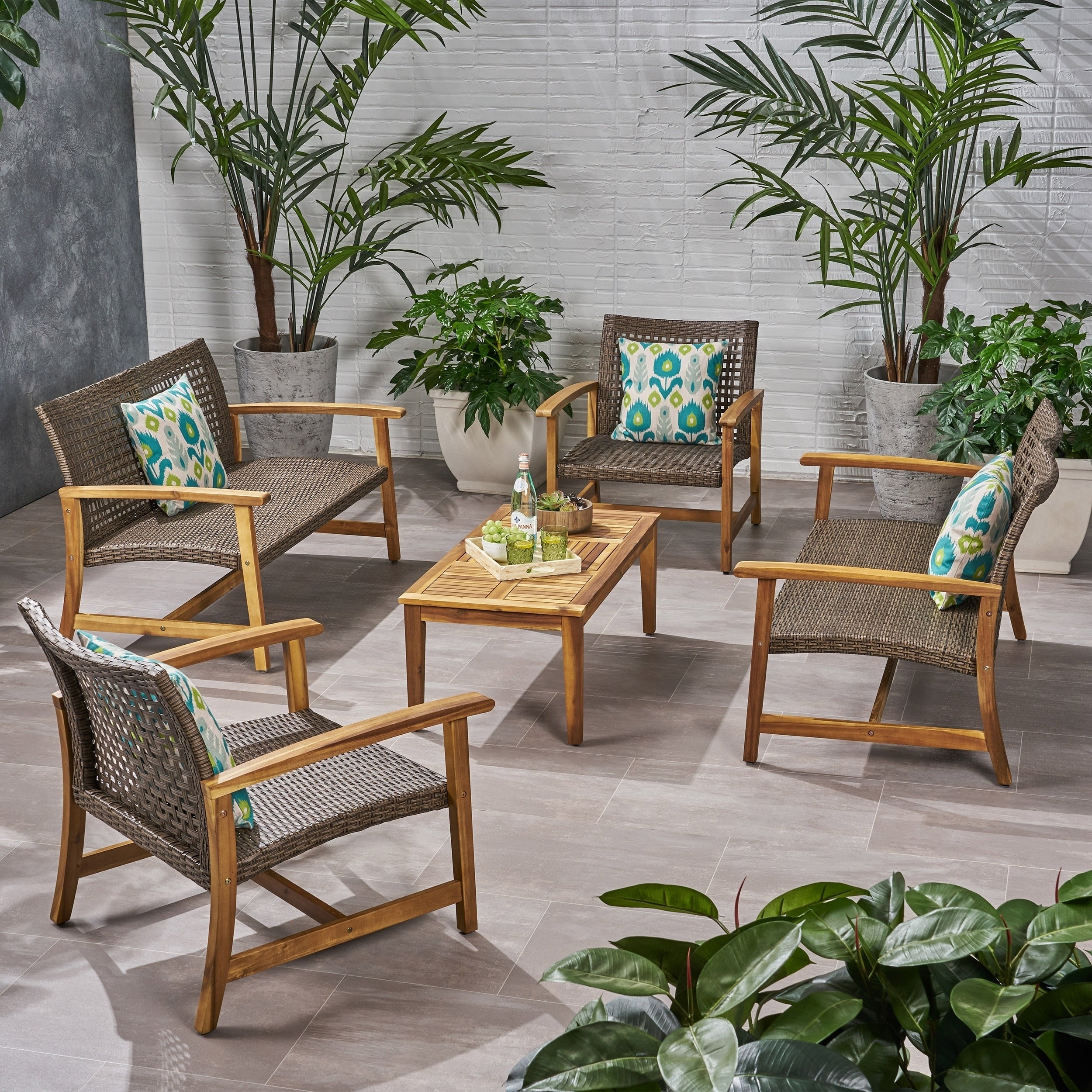 Hampton Outdoor 5 Piece Wood And Wicker Loveseat Chat Set By Christopher Knight Home