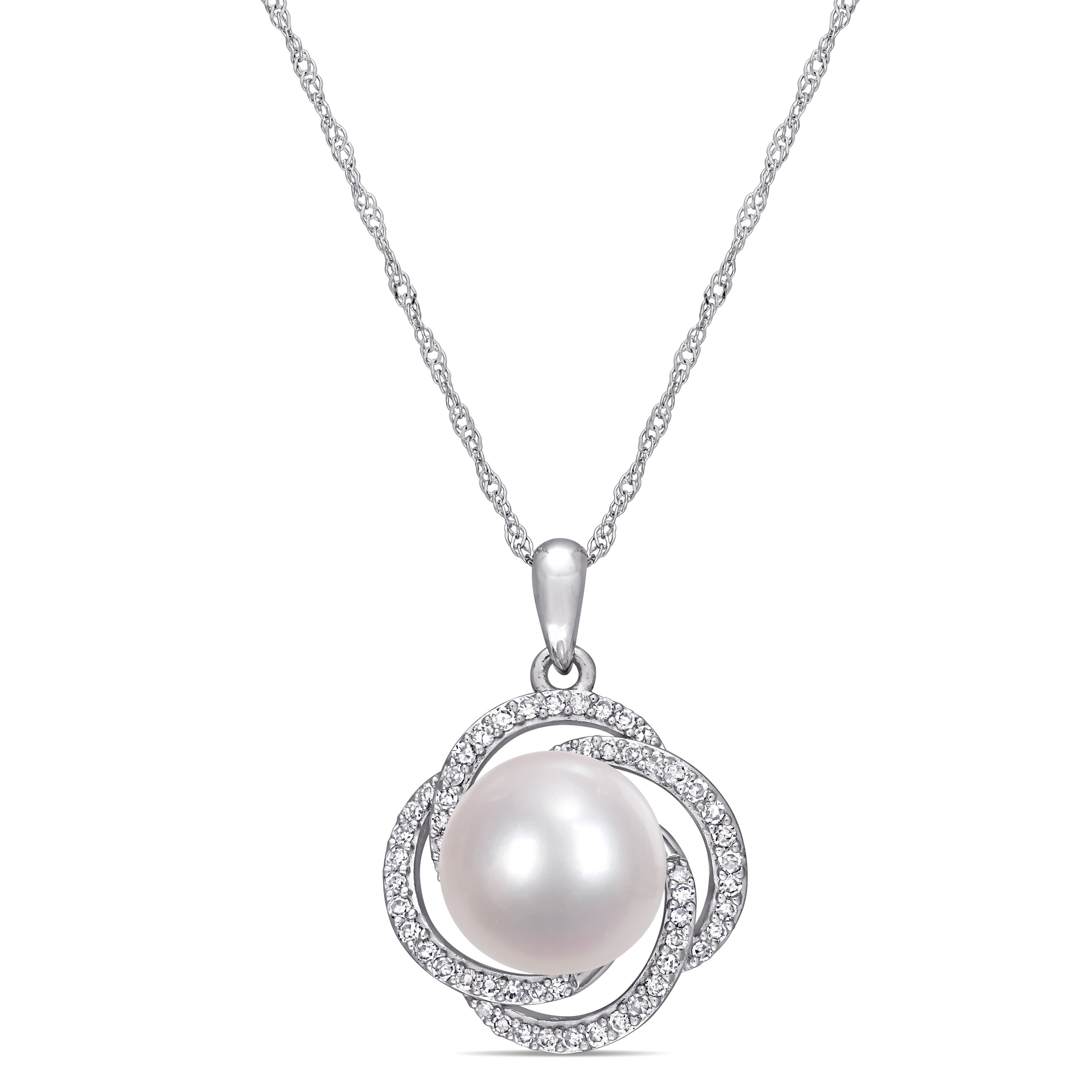 Miadora 14K White Gold Cultured Fw Pearl And 1 4Ct Tdw Diamond Crossover Halo Floral Necklace 10 11 Mm