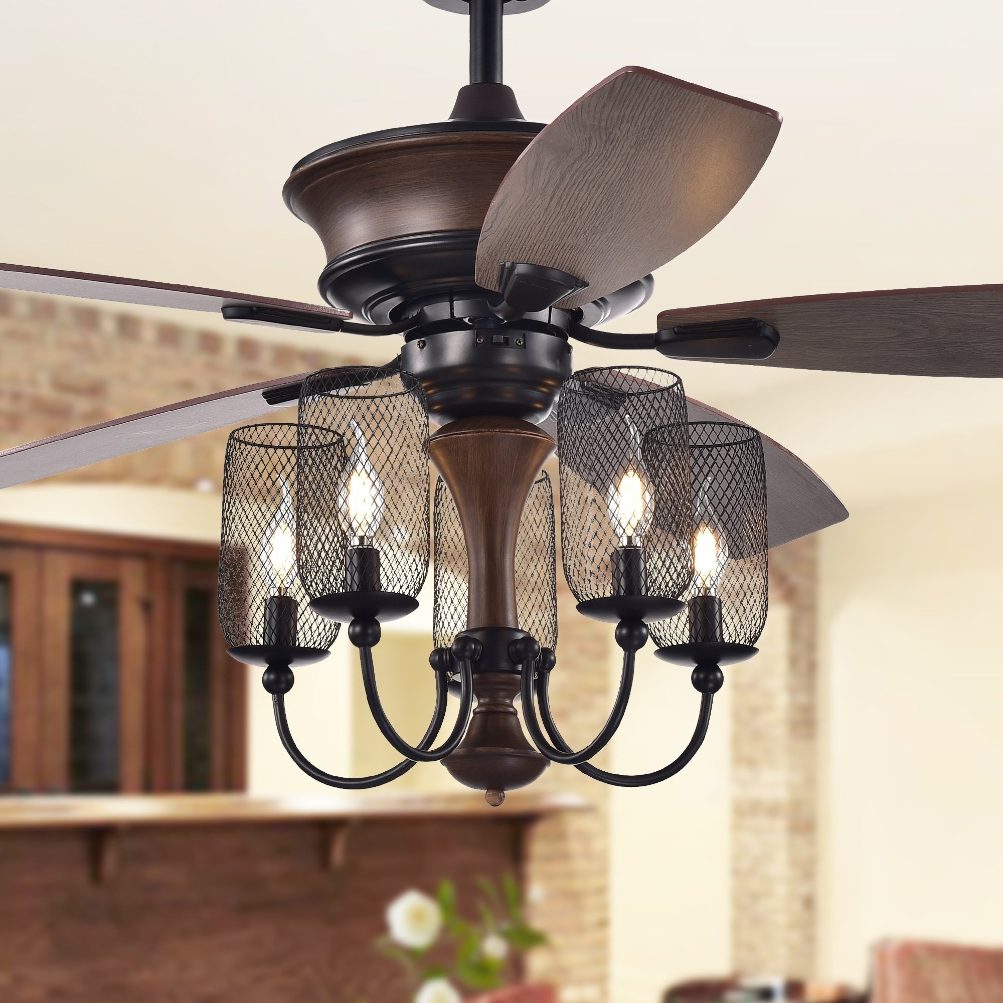 Slatin 52 Inch 5 Light Lighted Ceiling Fan With Mesh Shade Candelabra Chandelier Includes Remote And Light Kit