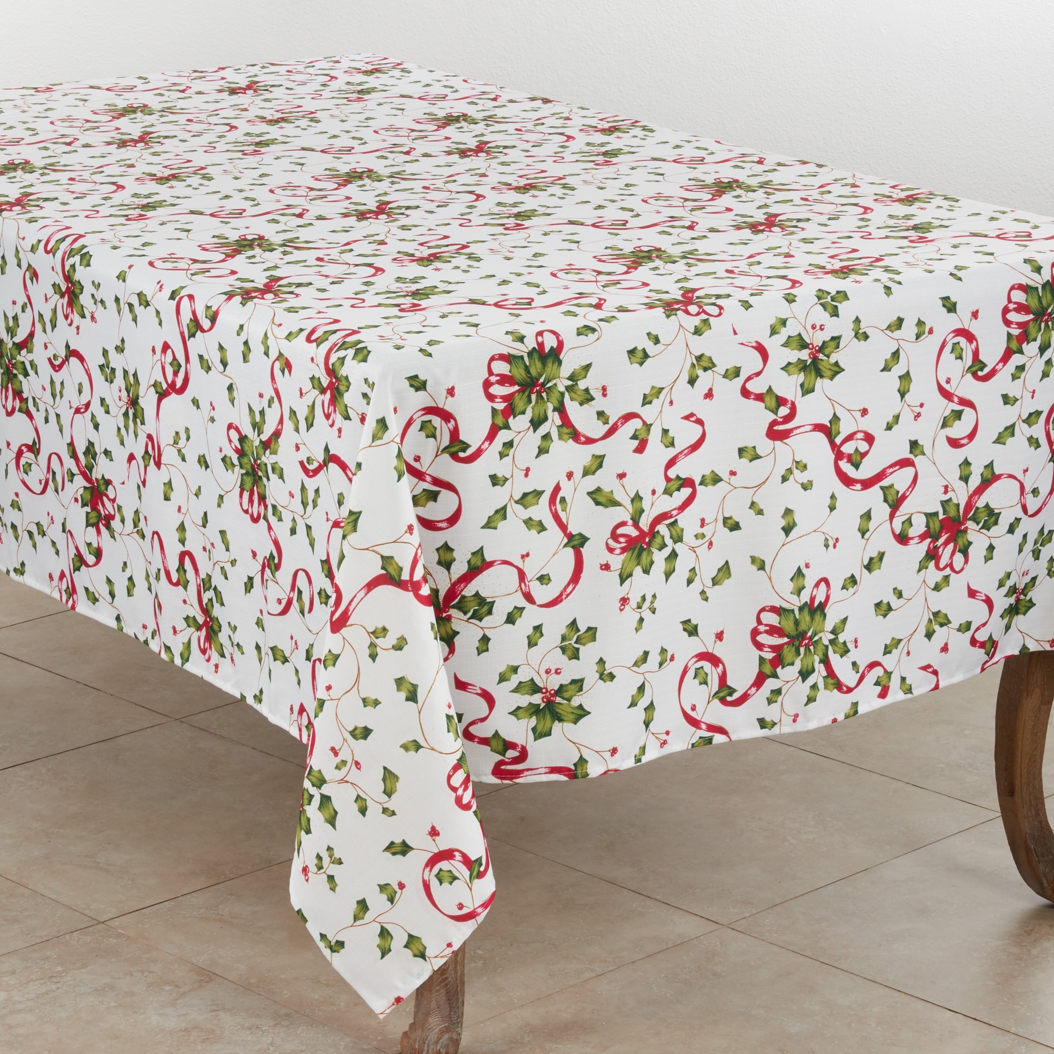 Holiday Tablecloth With Holly And Ribbon Design