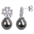 Miadora 10K White Gold Tahitian Cultured Pearl And 1 6Ct Tdw Diamond Ribbon Bow Earrings 9 9.5 Mm