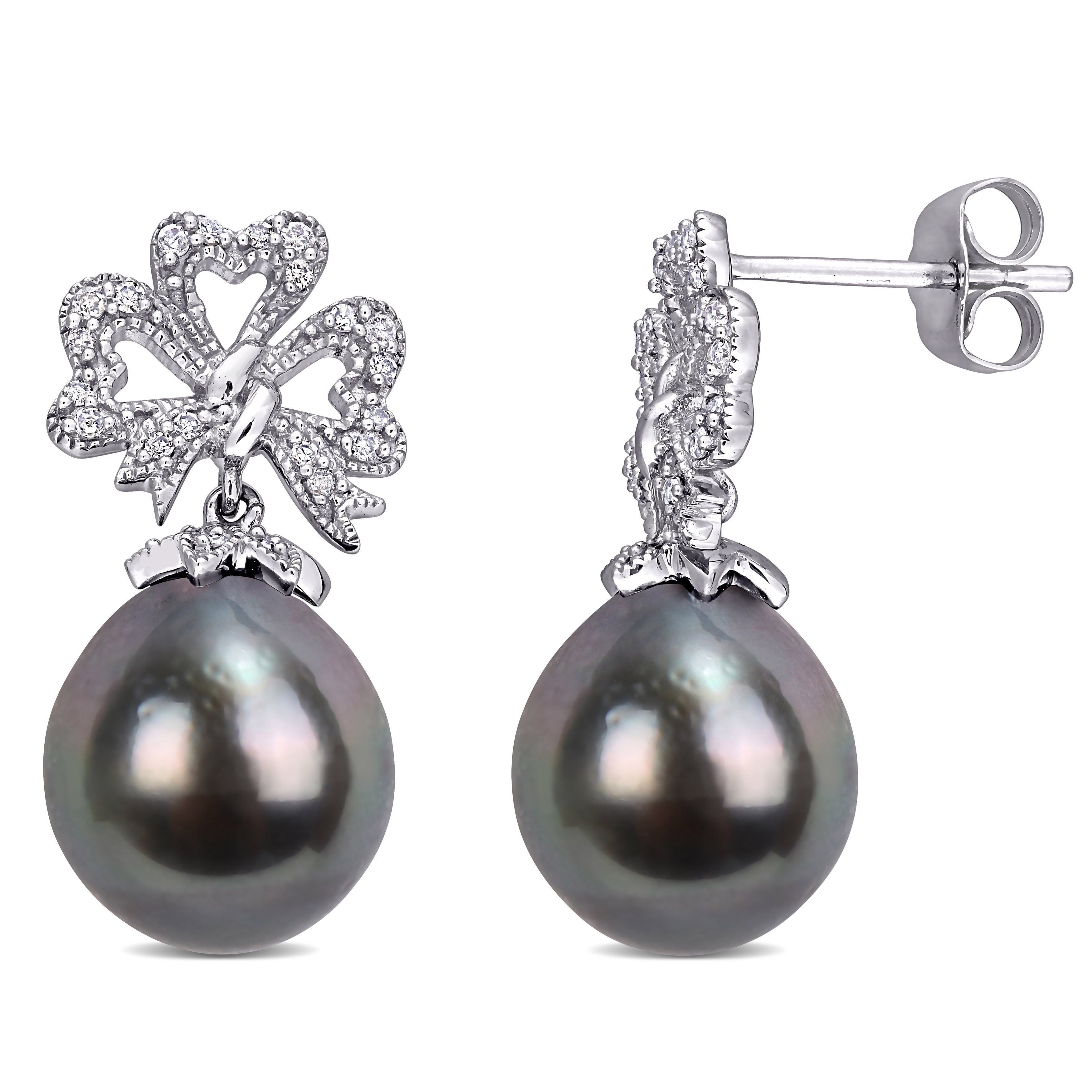 Miadora 10K White Gold Tahitian Cultured Pearl And 1 6Ct Tdw Diamond Ribbon Bow Earrings 9 9.5 Mm