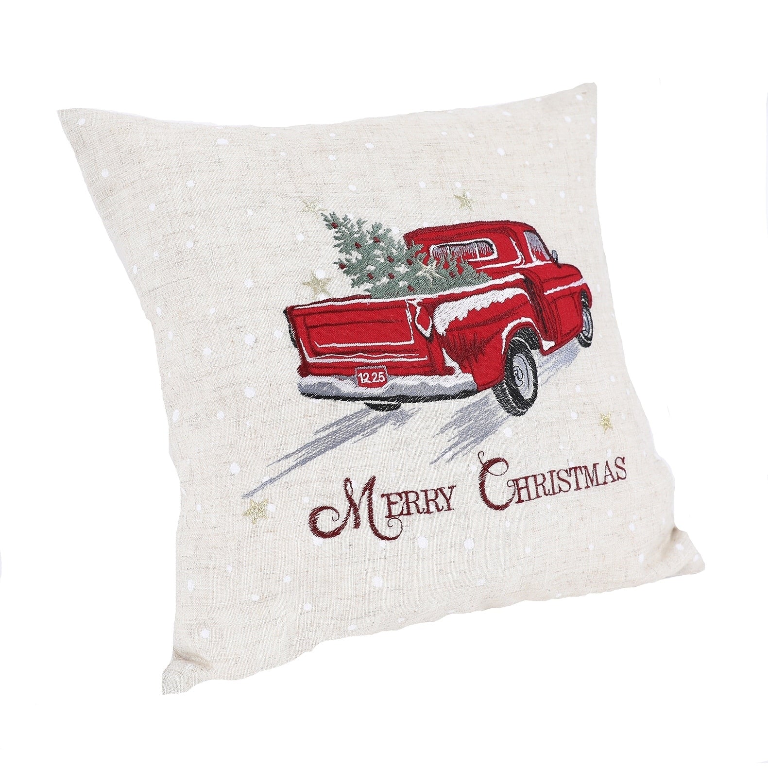 Merry Christmas Truck Embroidered Pillow 14 By 14 Inch