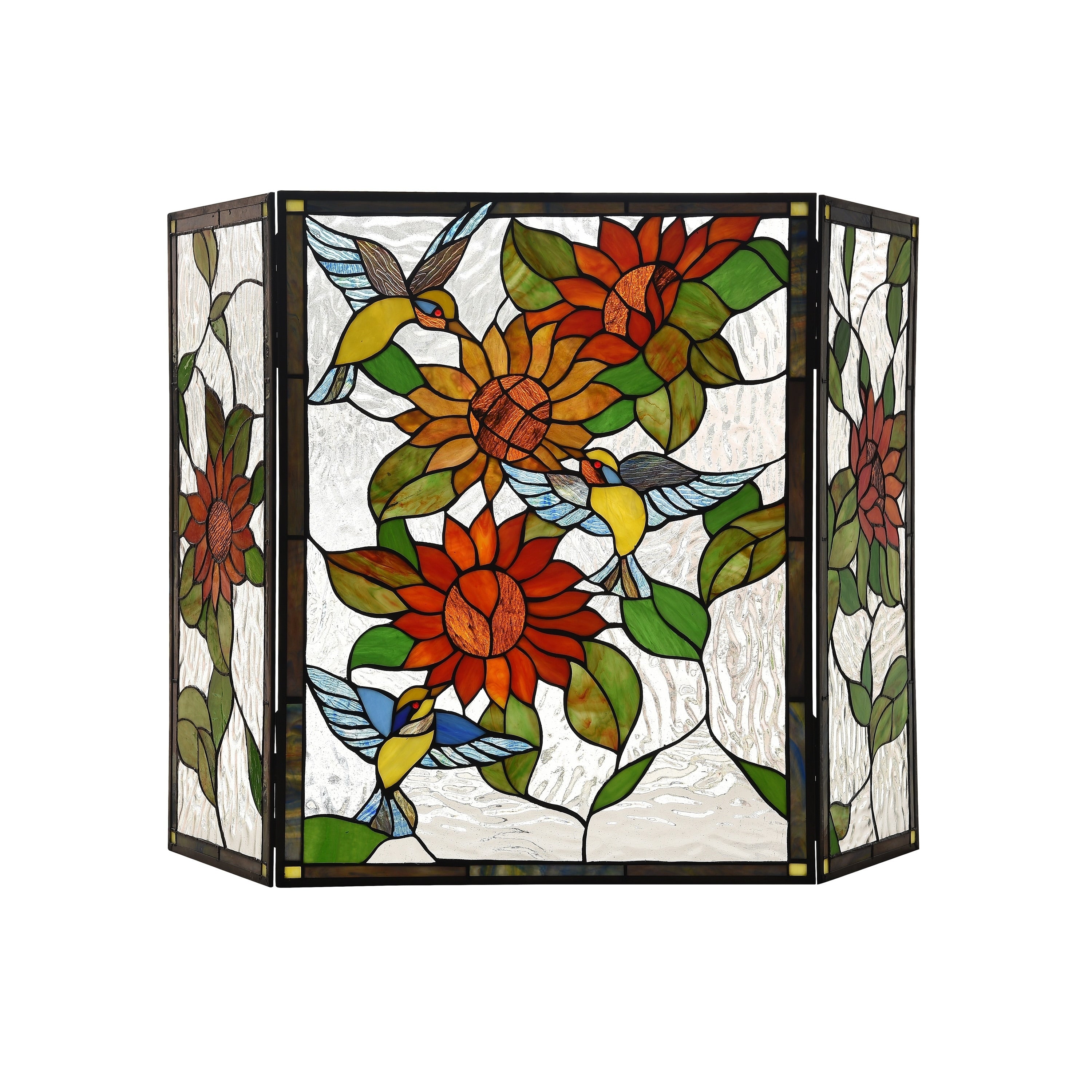 Gracewood Hollow Tsibinda Tiffany Style Floral Stained Glass 3 Panel Fireplace Screen