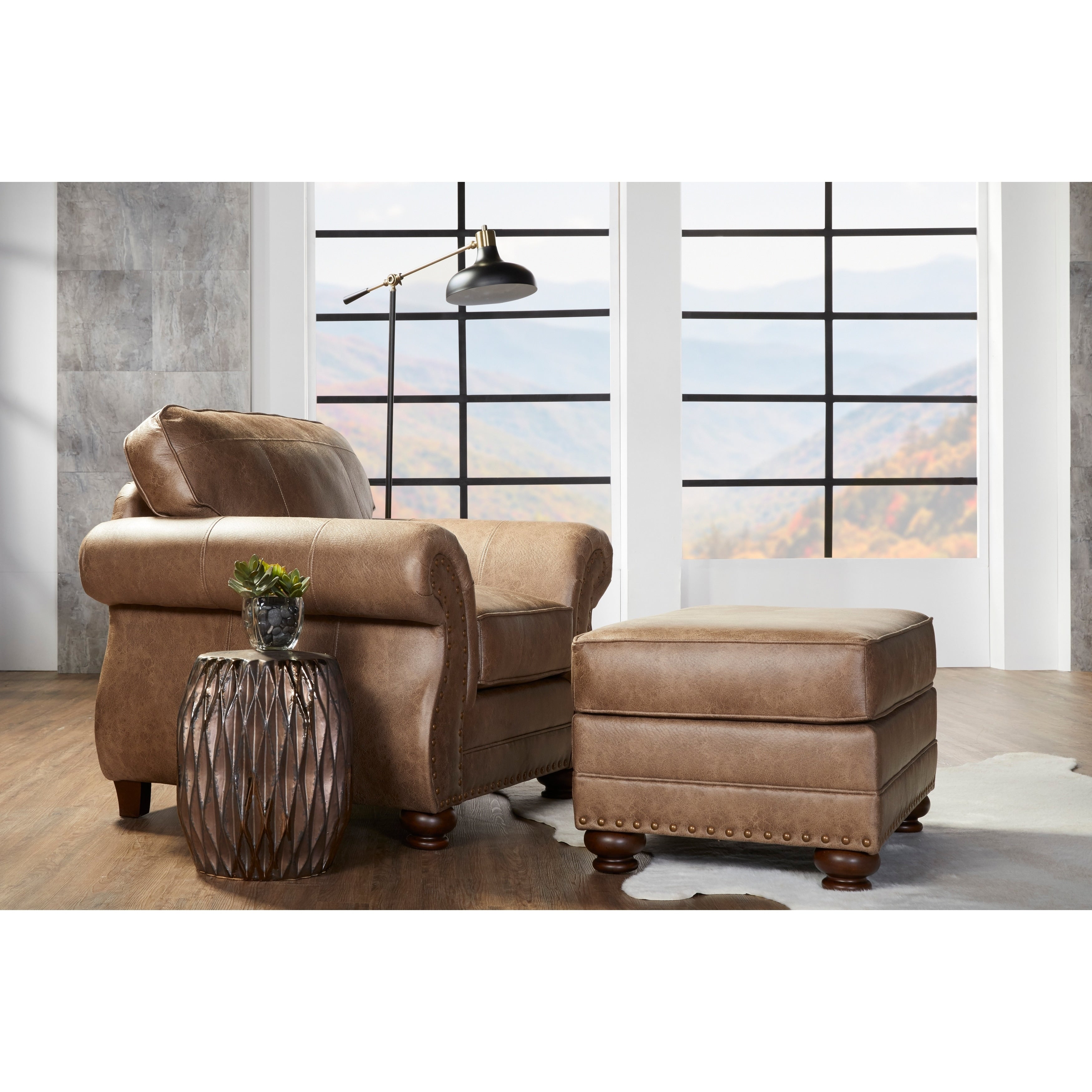 Leinster Faux Leather Arm Chair And Ottoman In Jetson Ginger