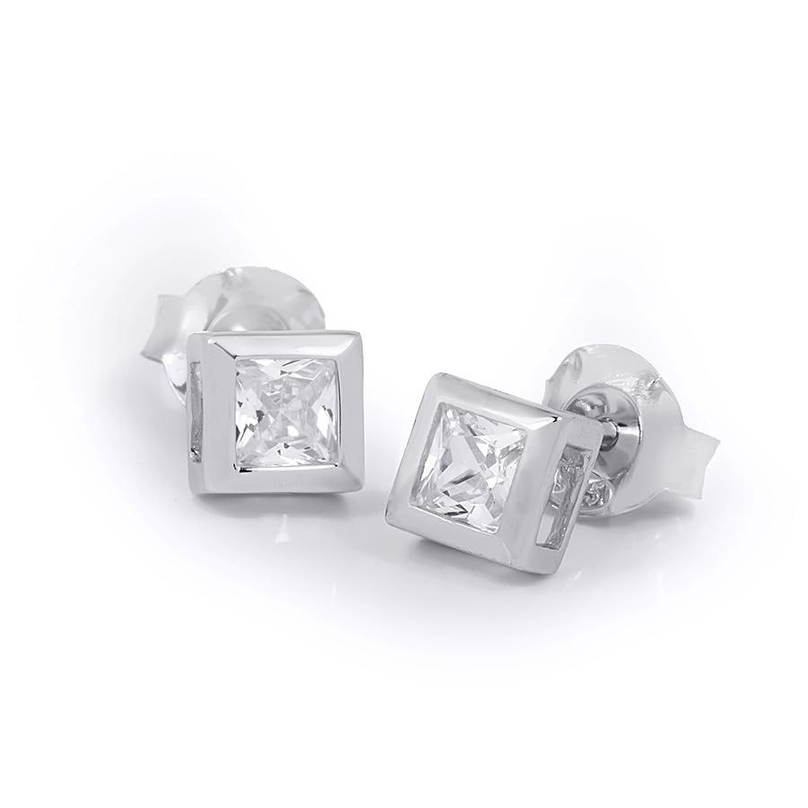 Princess Cut Stud Earrings Bezel Set 0.50 Carat Sterling Silver 4X4Mm