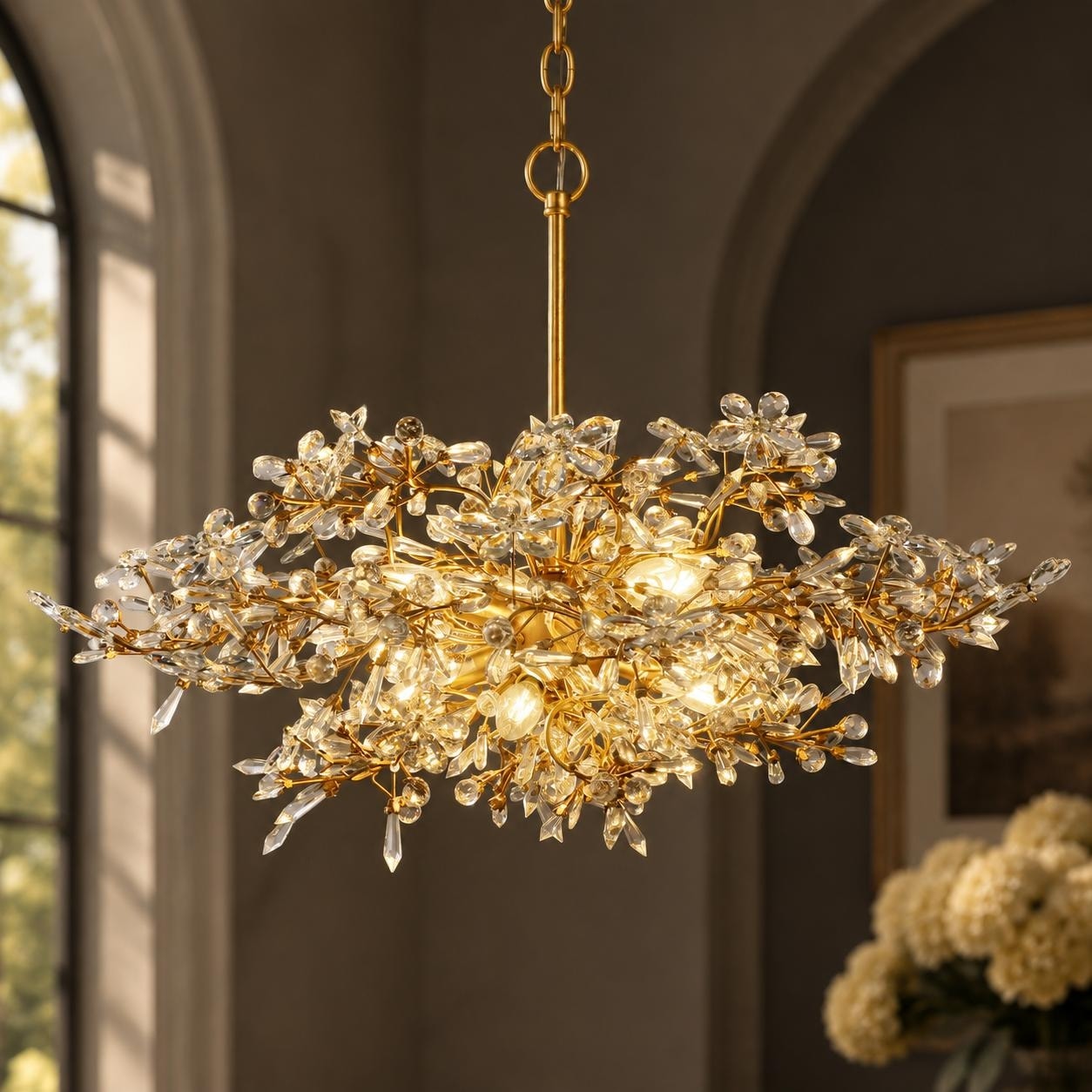 Laluz Adore 8 Light Crystal Floral Linear Chandelier Handcrafted Gold Foil Antique Ceiling Light Width 33.5 Height 24