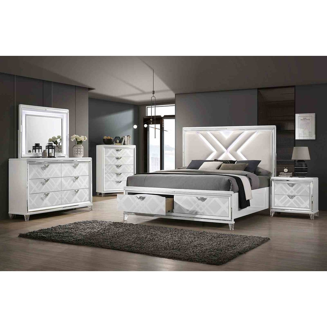 Led 2 Drawers Bed Nightstand W Usb Port Dresser Mirror Chest Bedroom Set White Finish