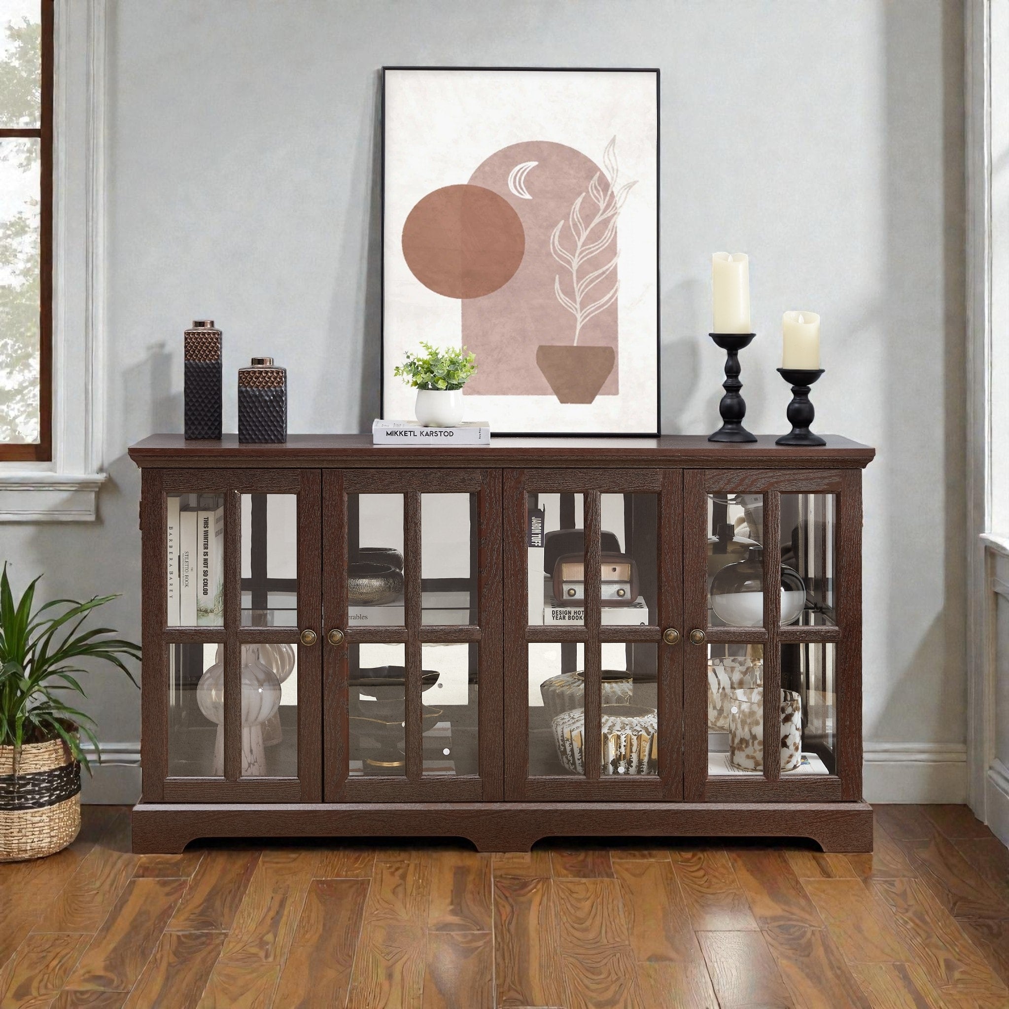 Led Antique Curio Display Cabinet With Glass Doors 4 Door Vintage Showcase With Adjustable Shelves