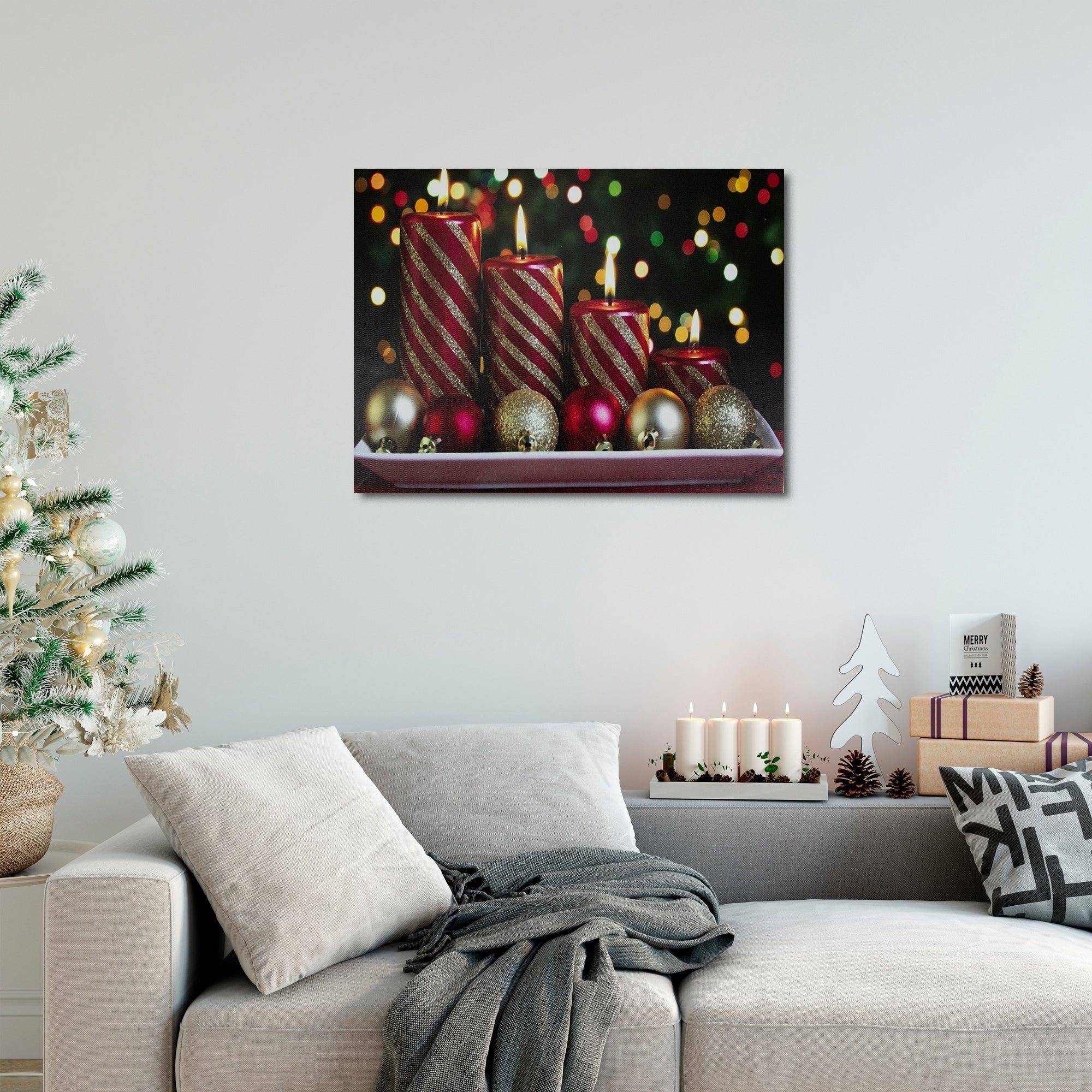 Led Lighted Christmas Candles With Ornaments Canvas Wall Art 11.75 X 15.75