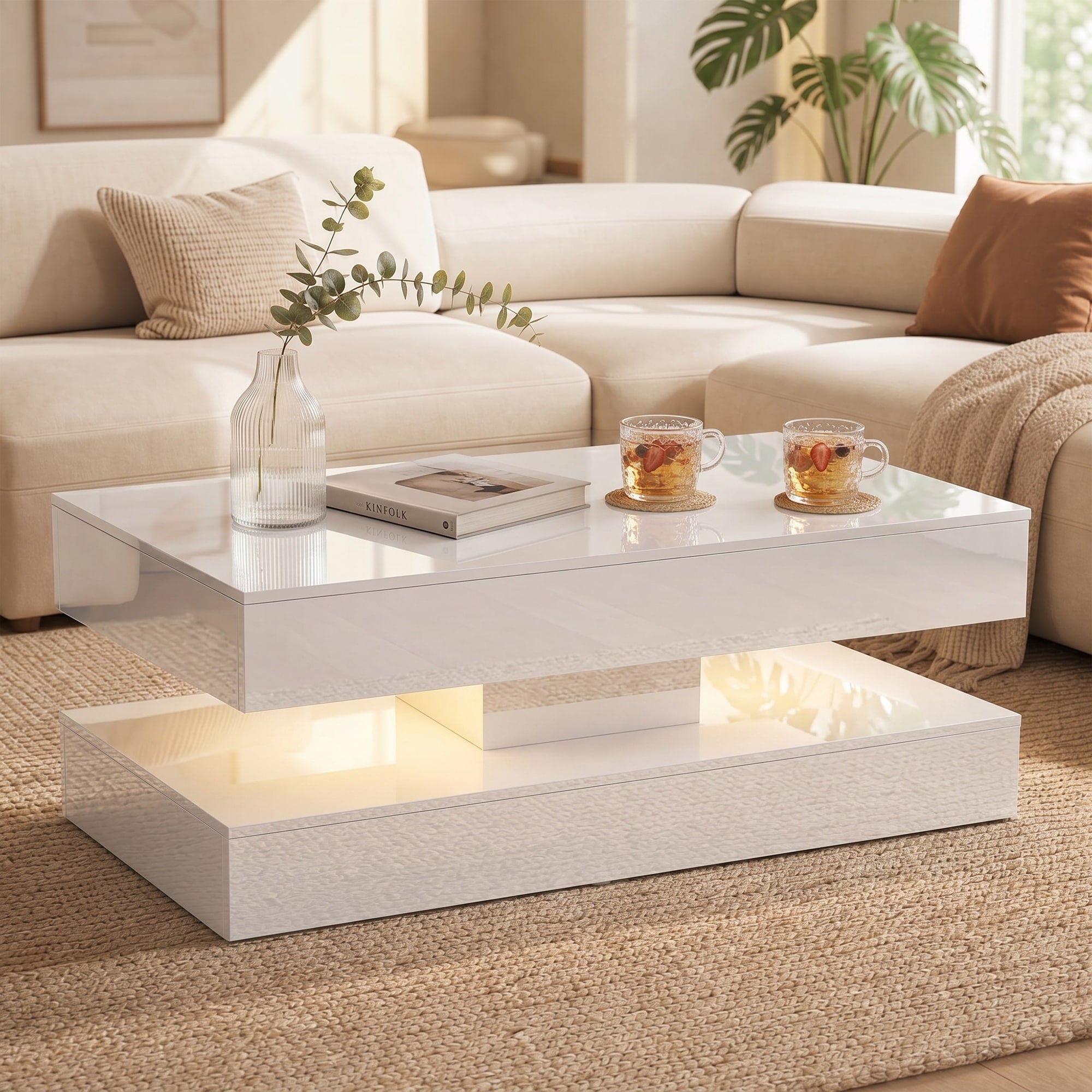 Led Coffee Table With Storage Modern High Glossy Center Table With 2 Sliding Drawers For Living Room