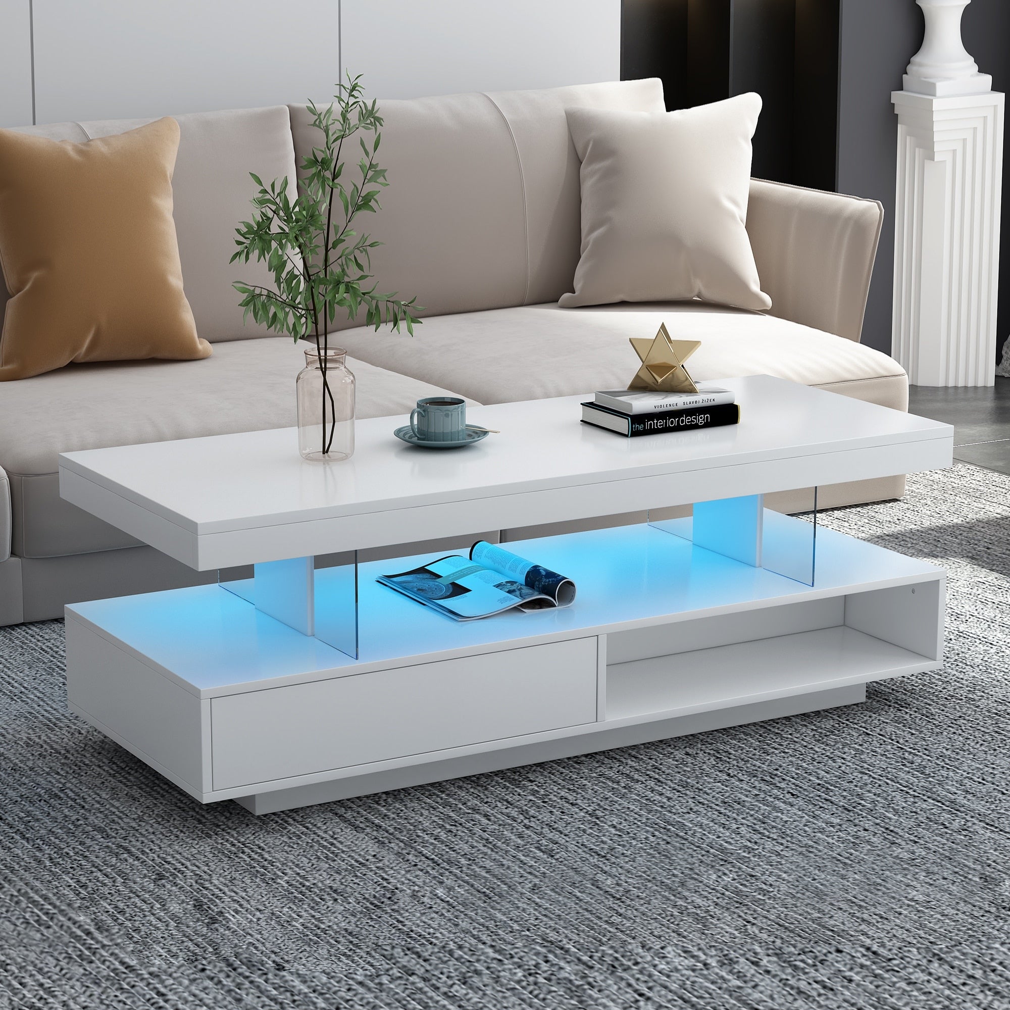 Led Coffee Table With Storage Modern Center Table With 2 Drawers And Display Shelves