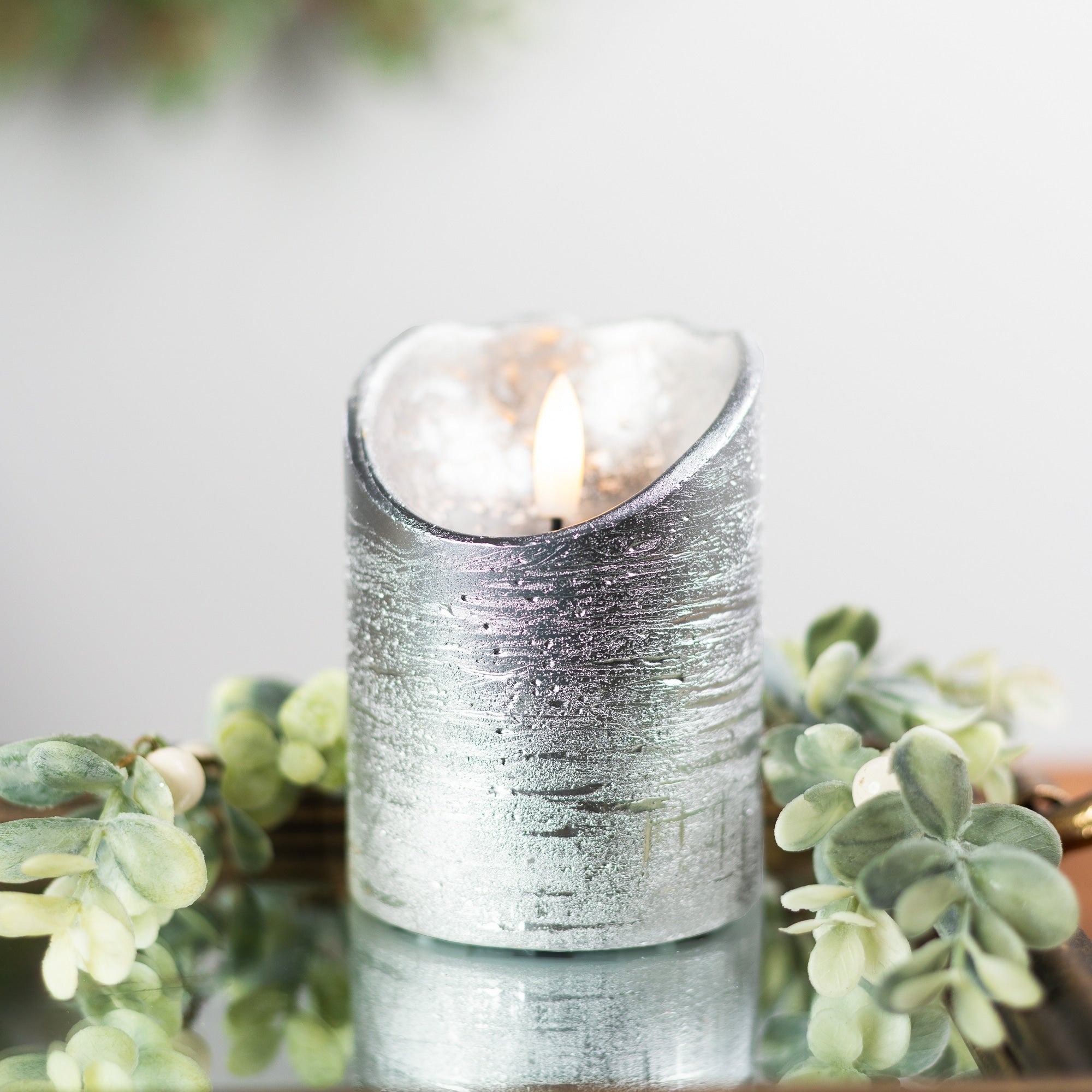 4 Silver Glitter Flameless Battery Operated Christmas Decor Candle