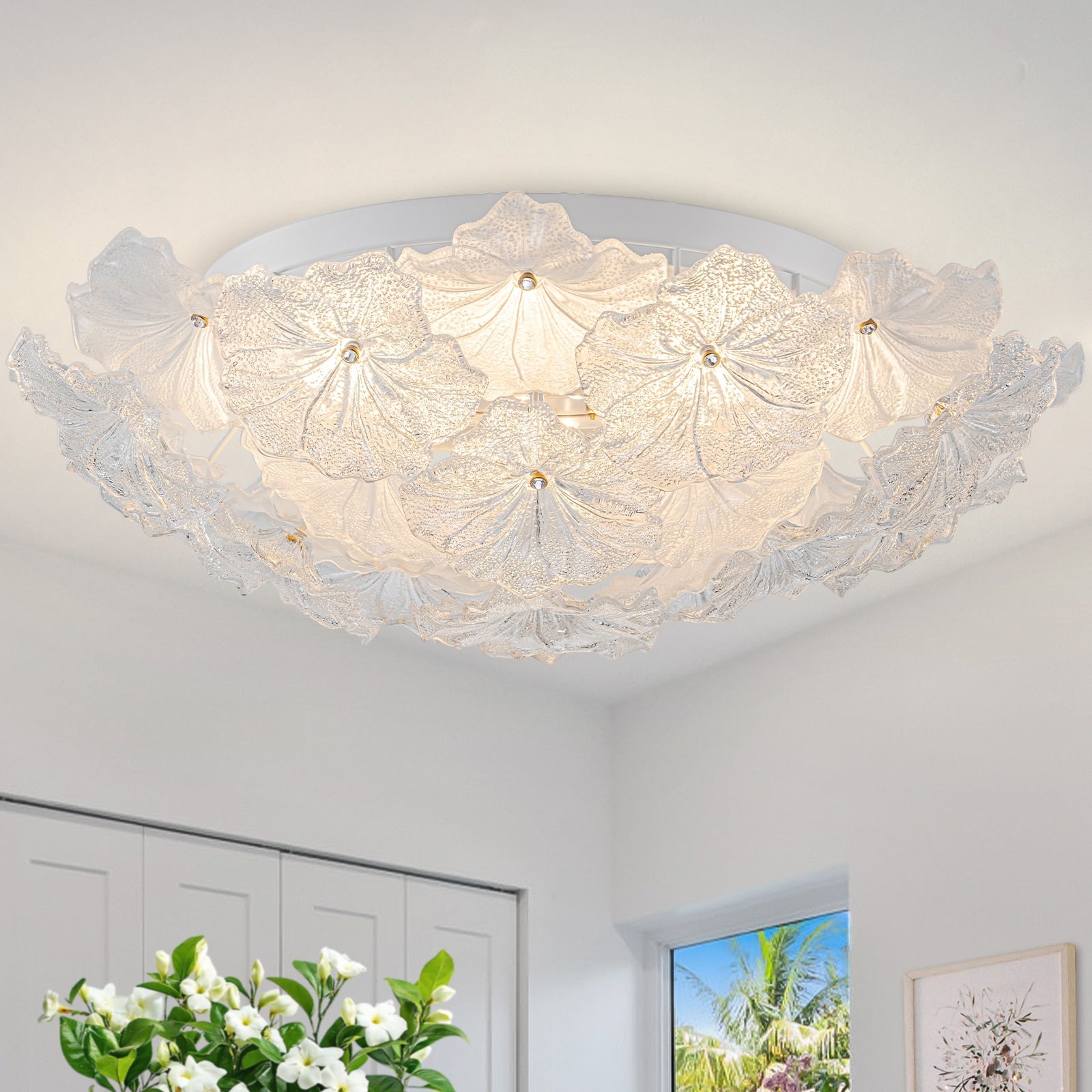 Led Flush Mount Ceiling Light With Clear And Frosted Glass Petal Design