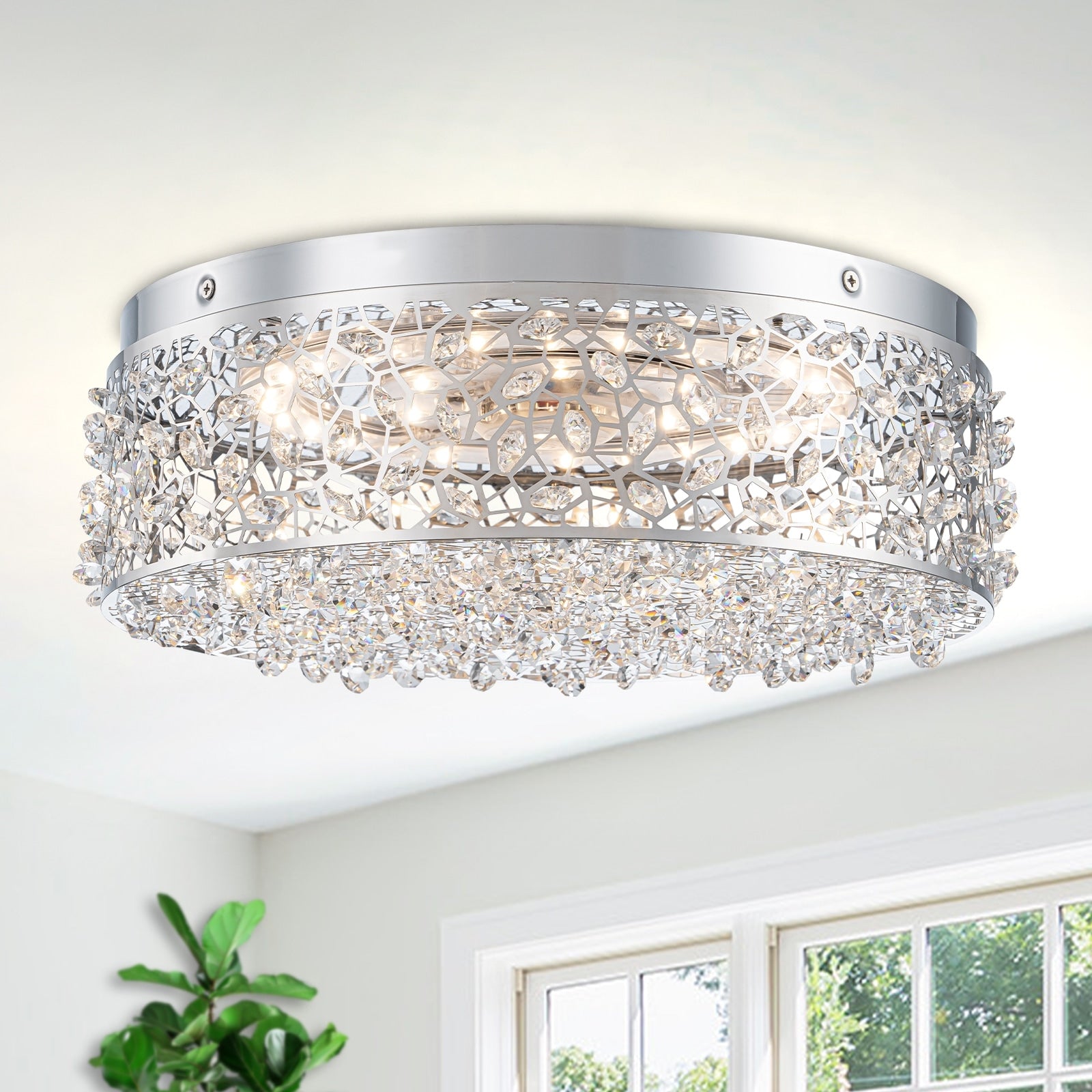 Led Flush Mount Ceiling Light With Stainless Steel Shade And Crystal Dia.14.17 In