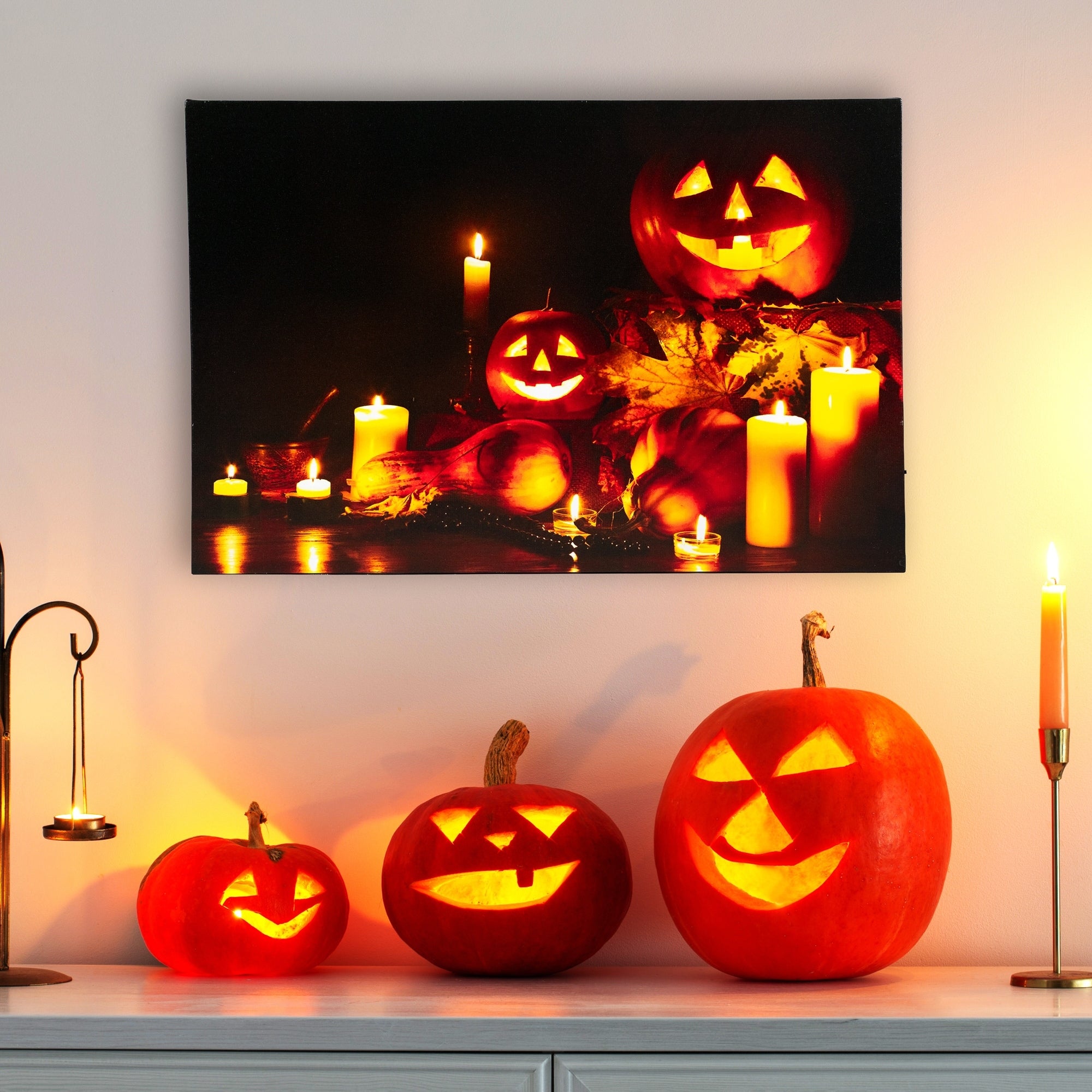 Led Lighted Halloween Jack O Lanterns Fall Harvest Canvas Wall Art 15.75 X 23.5 Yellow