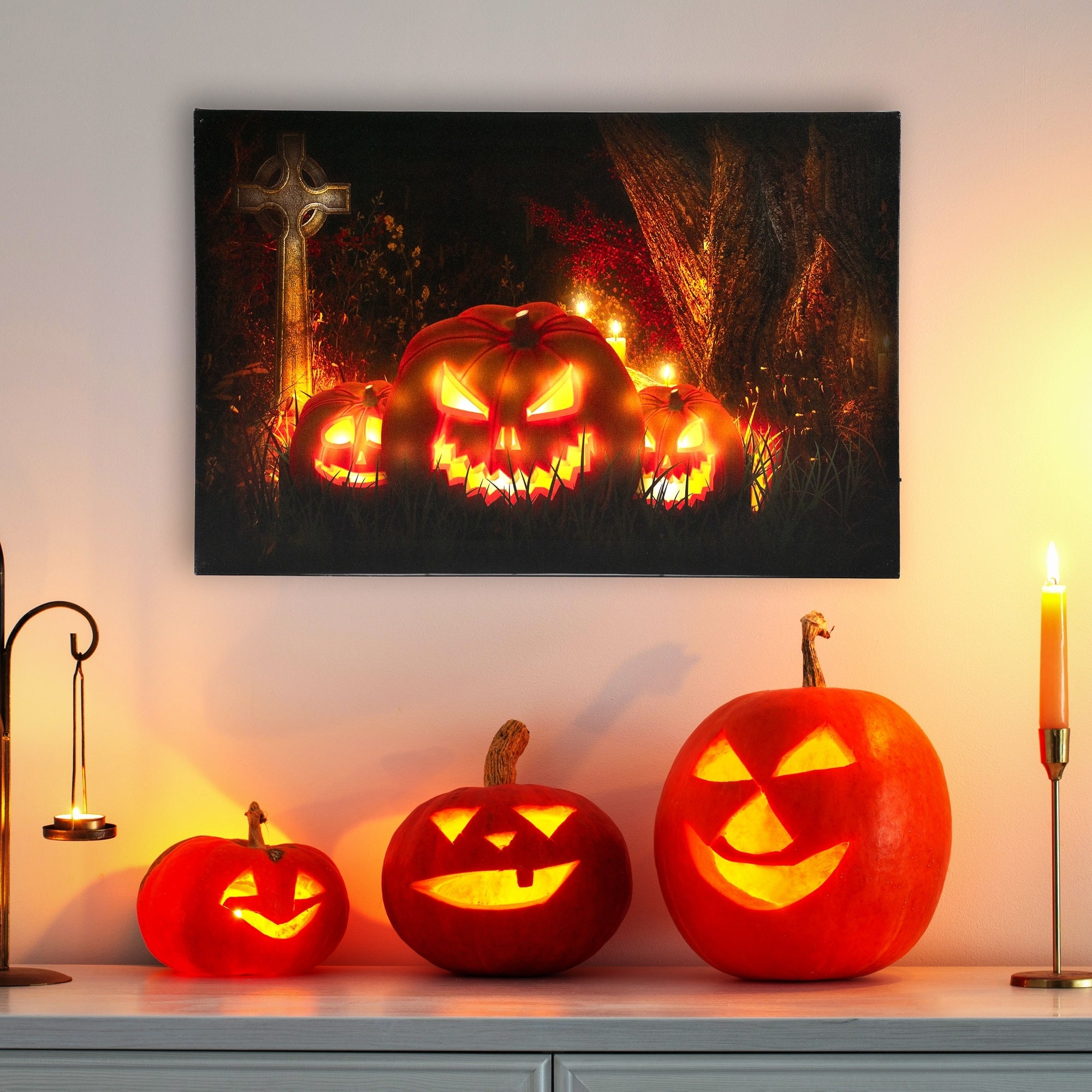 Jack O Lanterns In A Cemetery Halloween Led Lighted Canvas Wall Art 23.5 X 15.5 Black