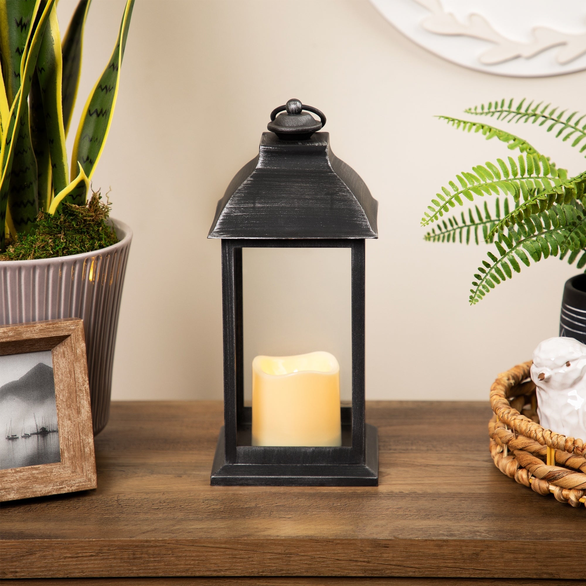 12.5 Silver Brushed Black Candle Lantern With Flameless Led Candle