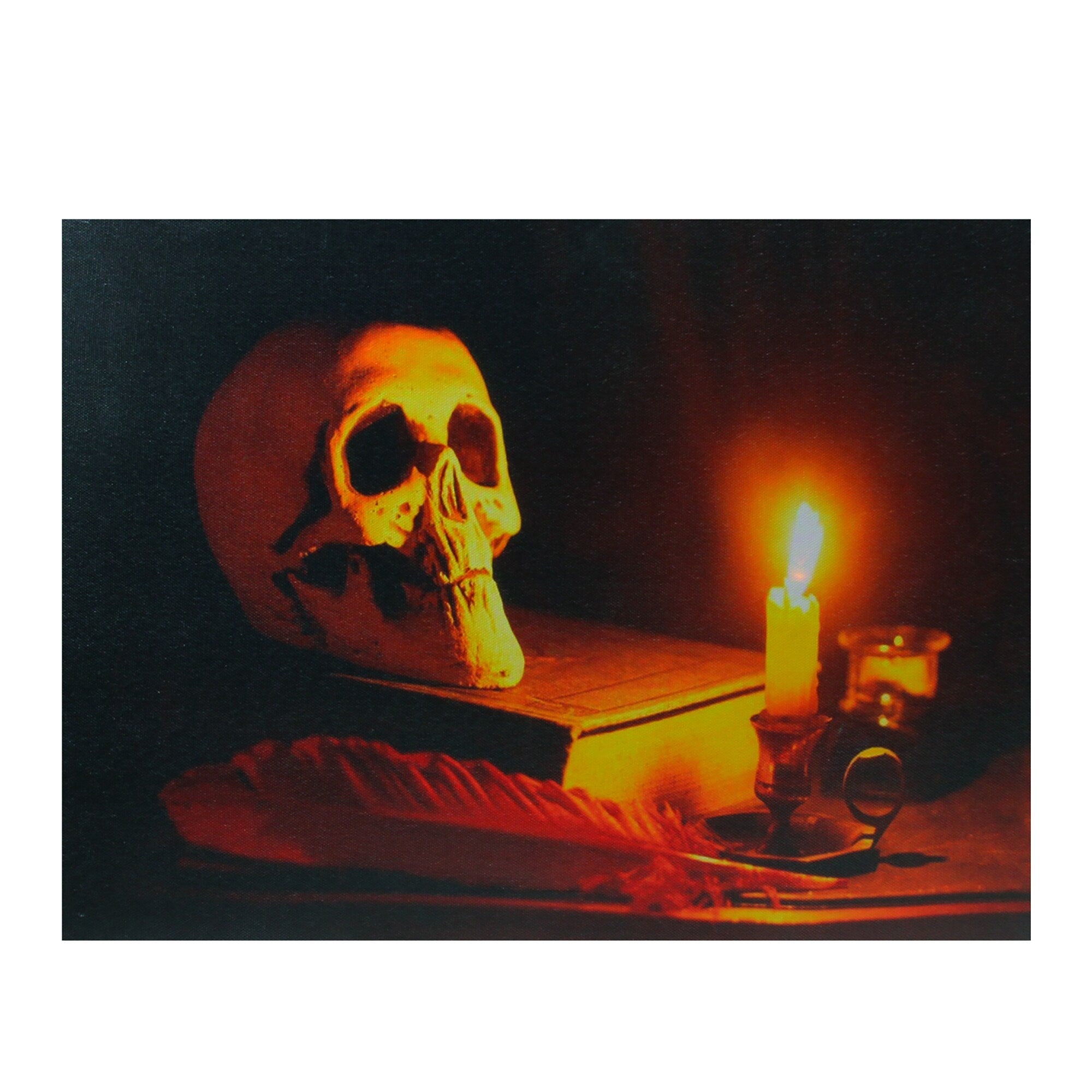 Led Lighted Antique Candle And Skull Halloween Canvas Wall Art 12 X 15.75