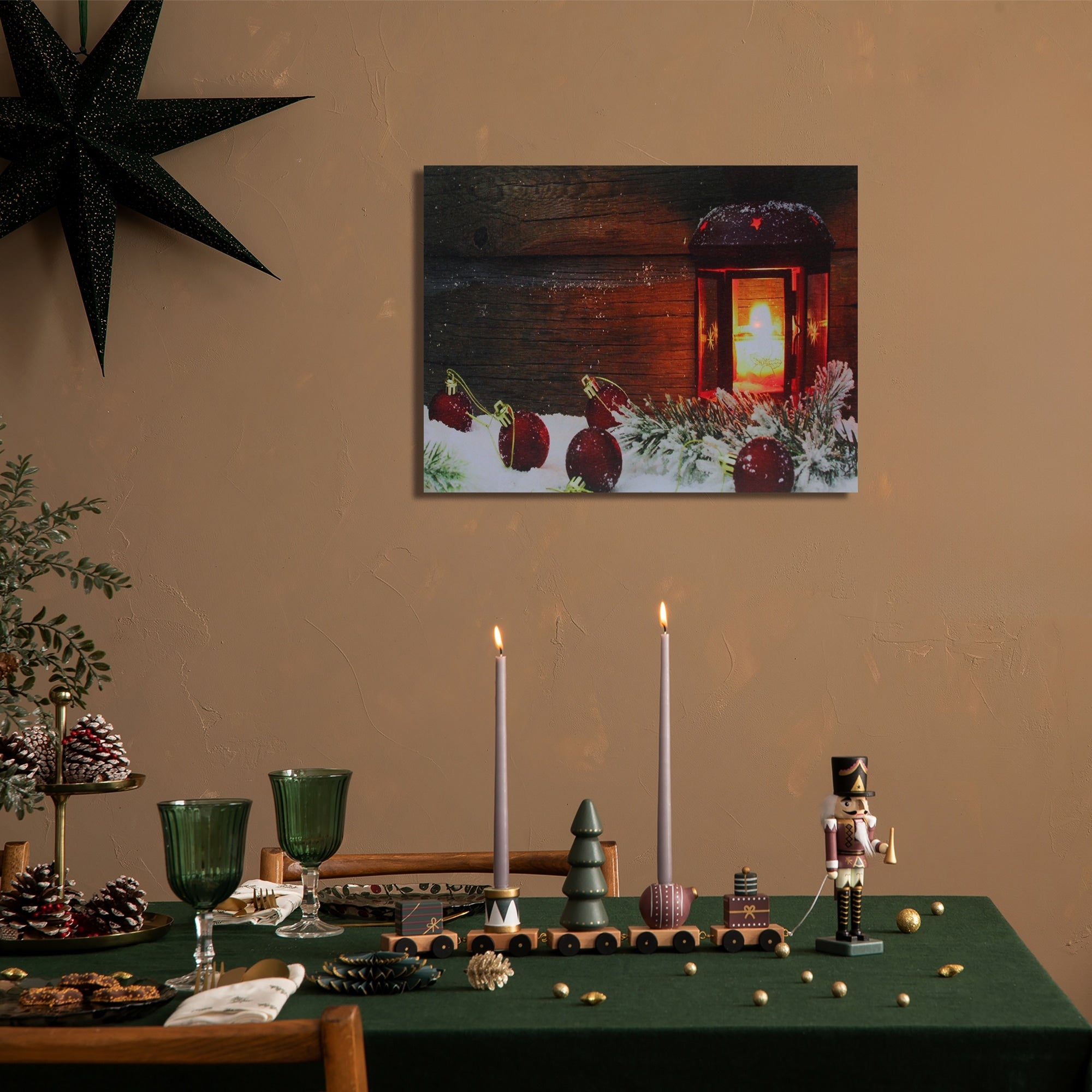 Led Lighted Candle Lantern In The Wintry Outdoors Christmas Canvas Wall Art 12 X 15.75 Red