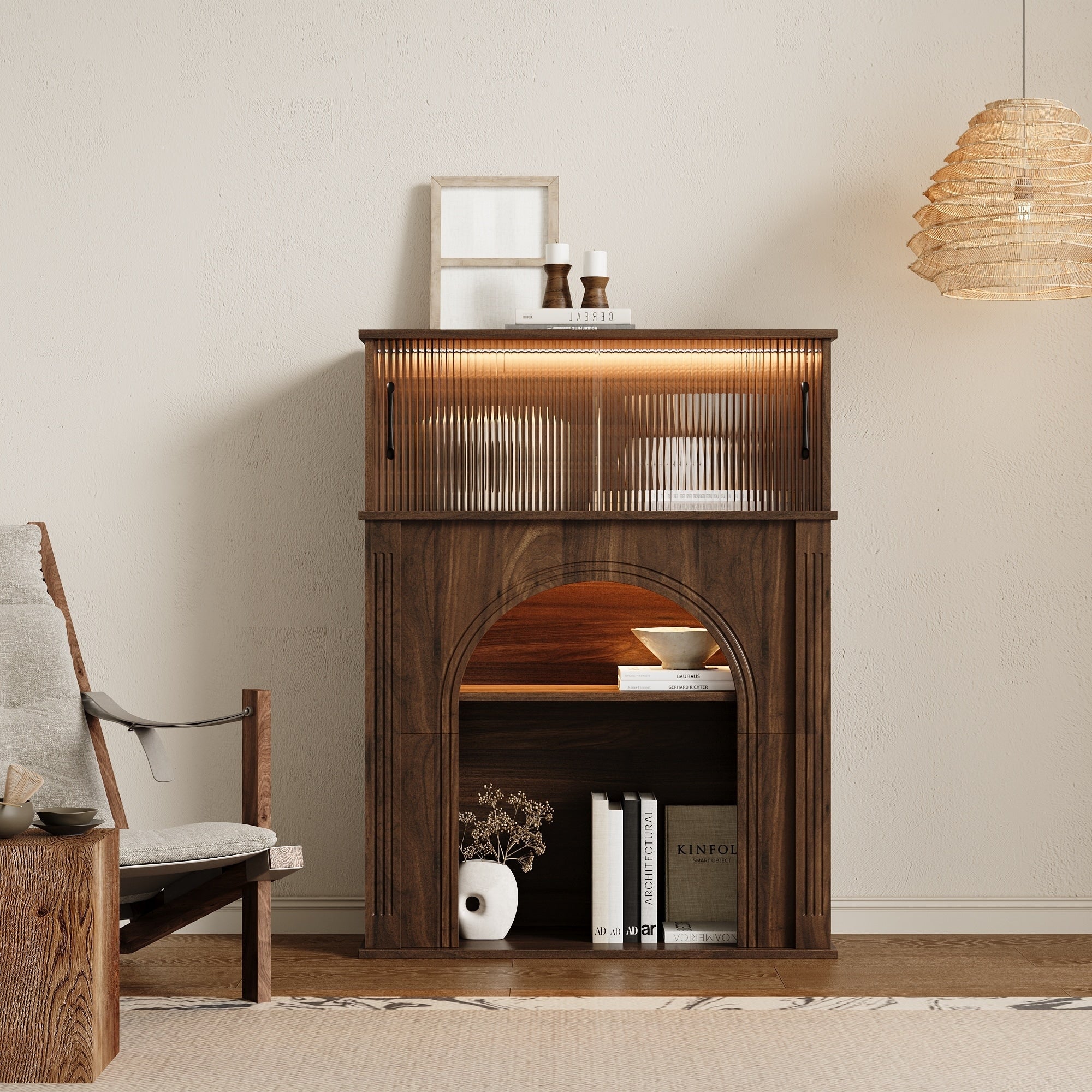Led Lighted Display Cabinet With Fluted Glass Doors Wooden Sideboard Buffet Cabinet For Living Room Or Dining Room