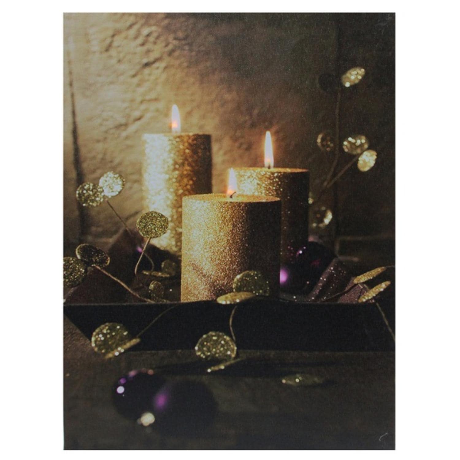 Led Lighted Shimmering Gold Glittered Candles Christmas Canvas Wall Art 15.75 X 12