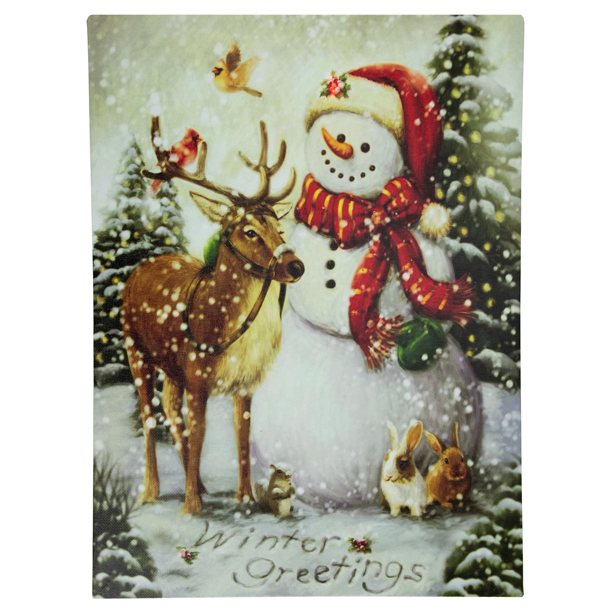 Led Lighted Snowman And Bird Friends Christmas Canvas Wall Art 15.75 X 12 White