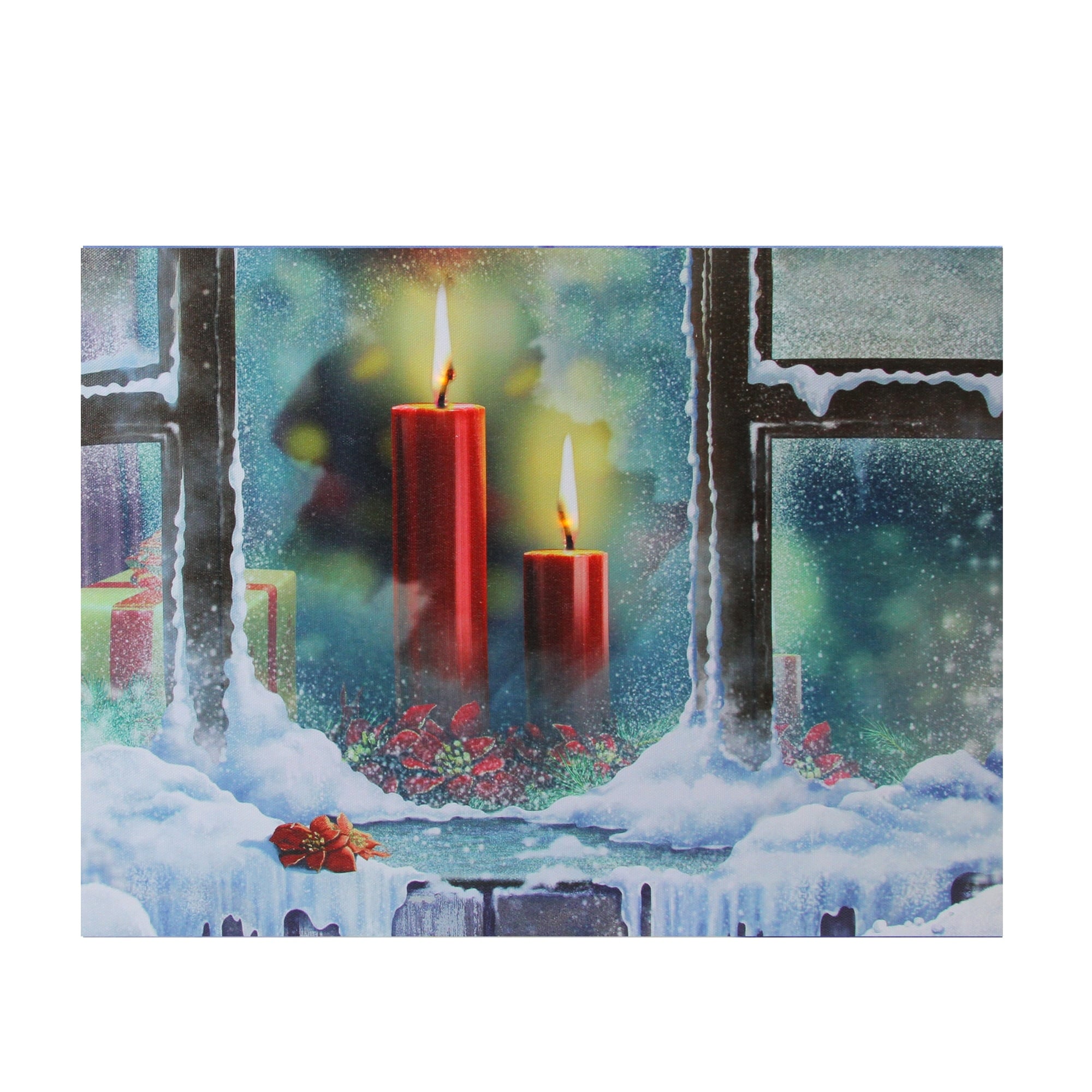 Led Lighted Snowy Window Pane And Candles Christmas Canvas Wall Art 12 X 15.75 Red