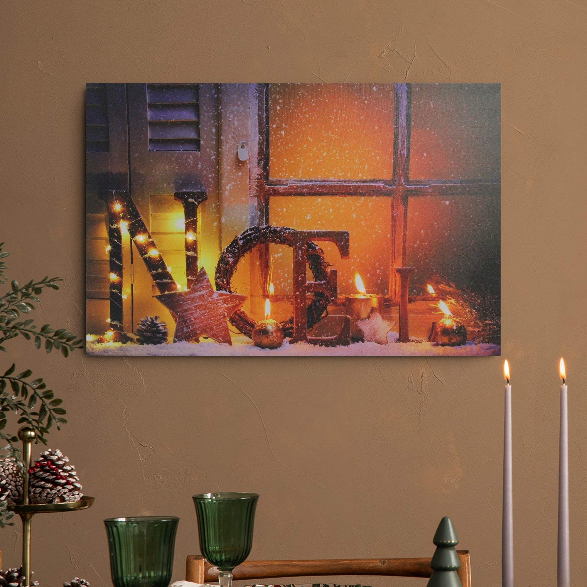 Led Lighted Noel And Flickering Candles Christmas Canvas Wall Art 23.5 X 15.75 Brown