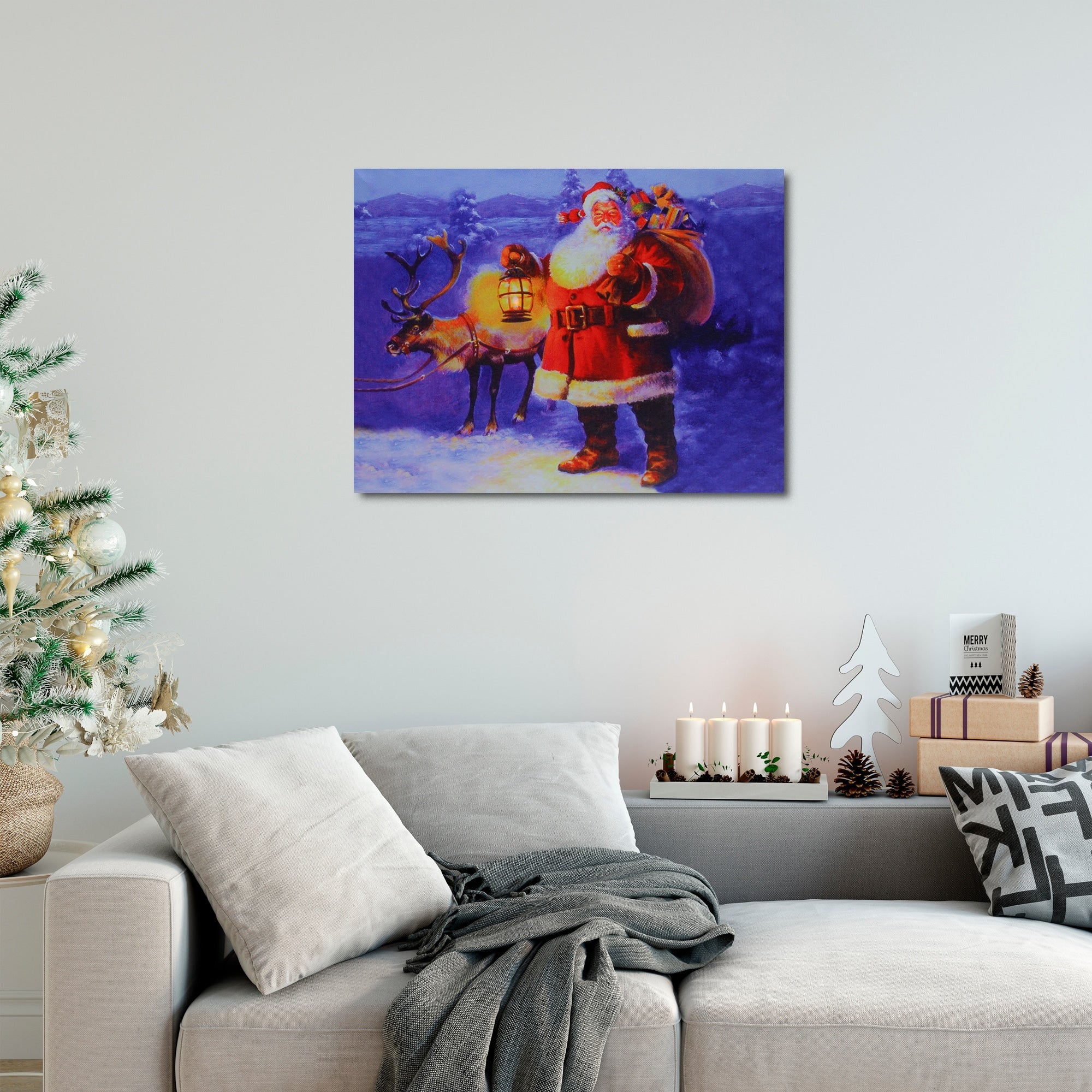 Led Lighted Santa Claus With Reindeer Christmas Canvas Wall Art 11.75 X 15.75