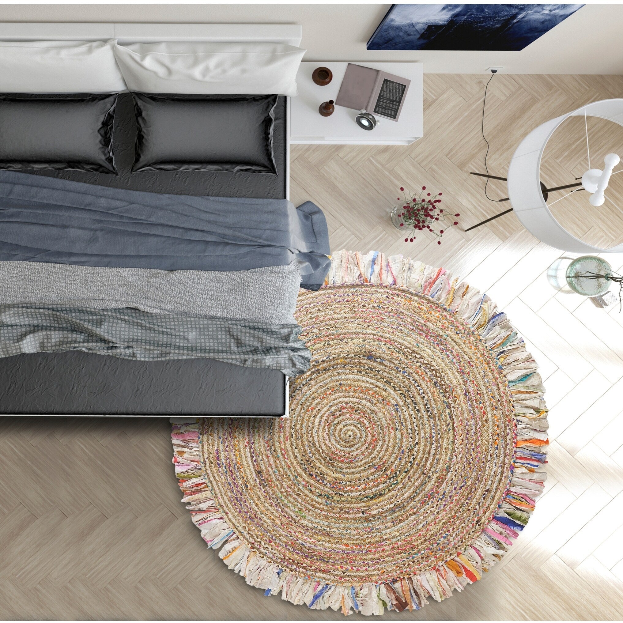 Bleached Multicolored Chindi And Natural Jute Fringed Round Rug 36 Round