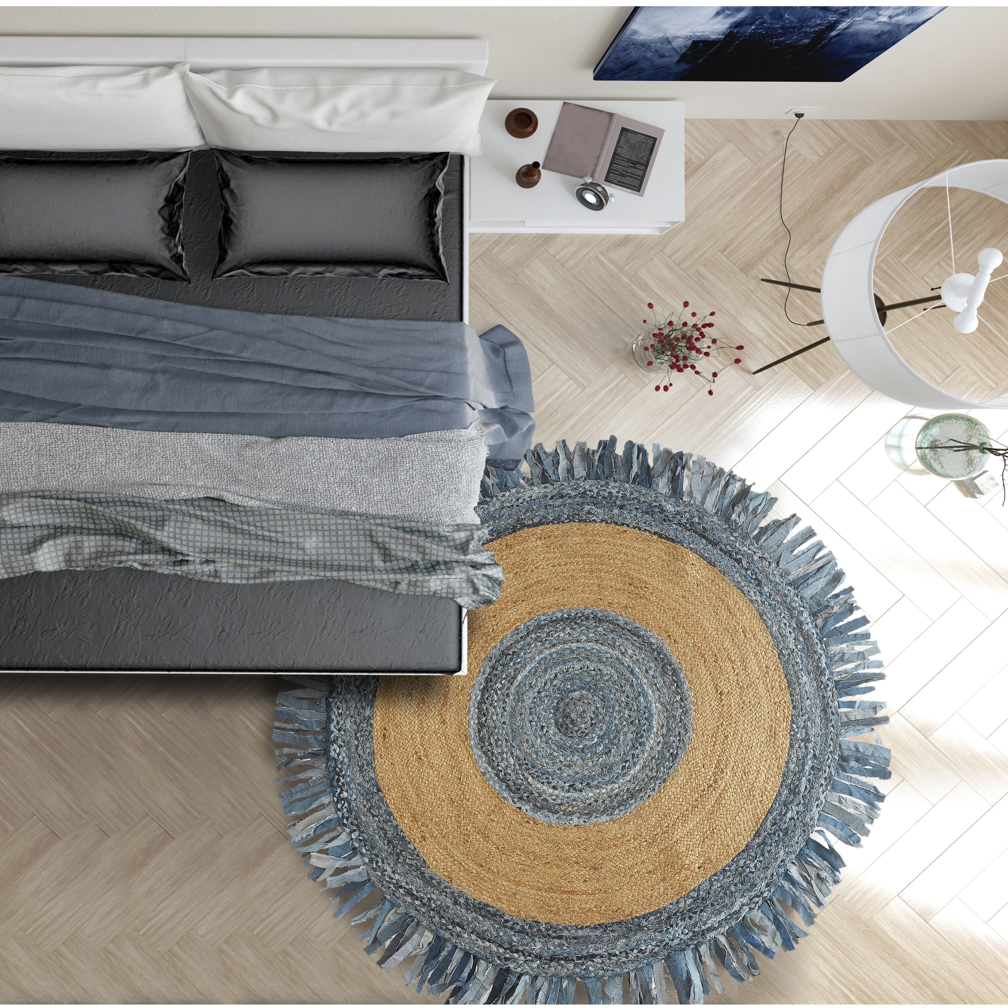 Denim And Natural Jute Fringed Round Rug 36 Round