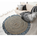 Denim And Natural Jute Round Swirl Fringed Rug 36 Round