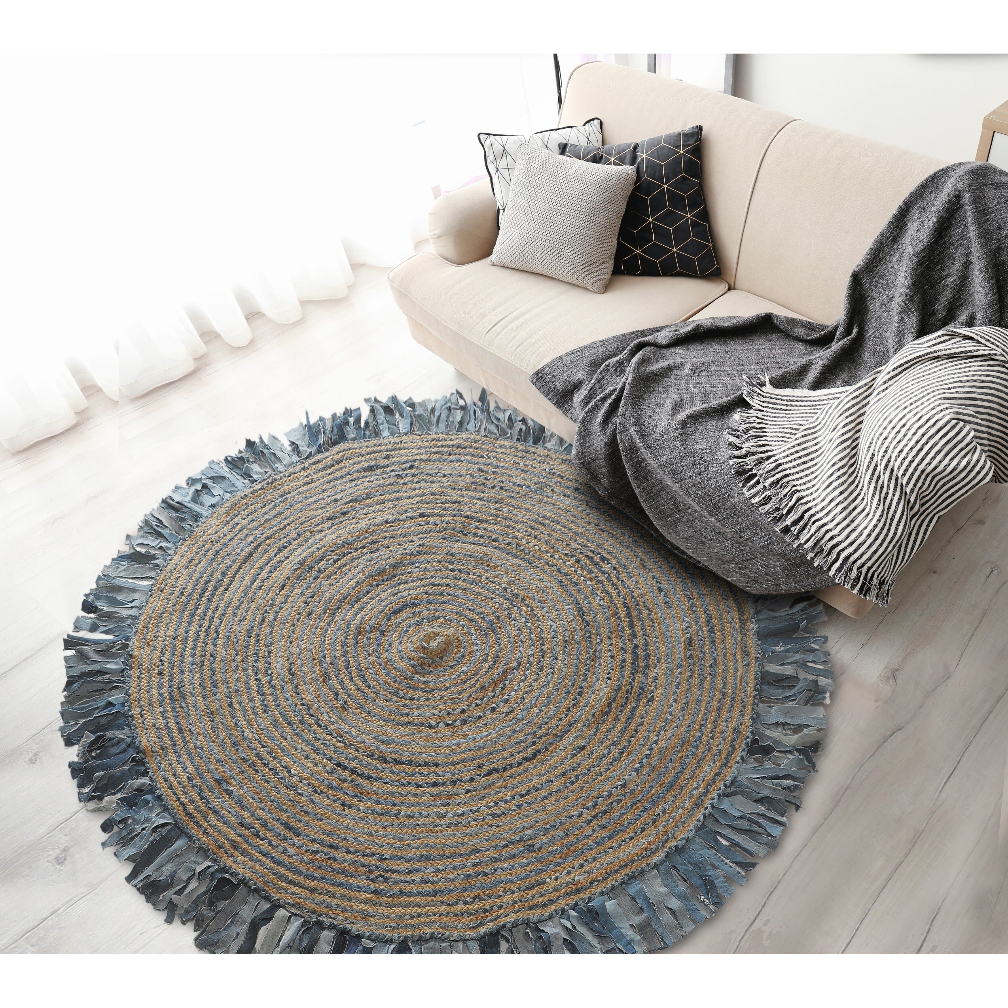 Denim And Natural Jute Round Swirl Fringed Rug 36 Round