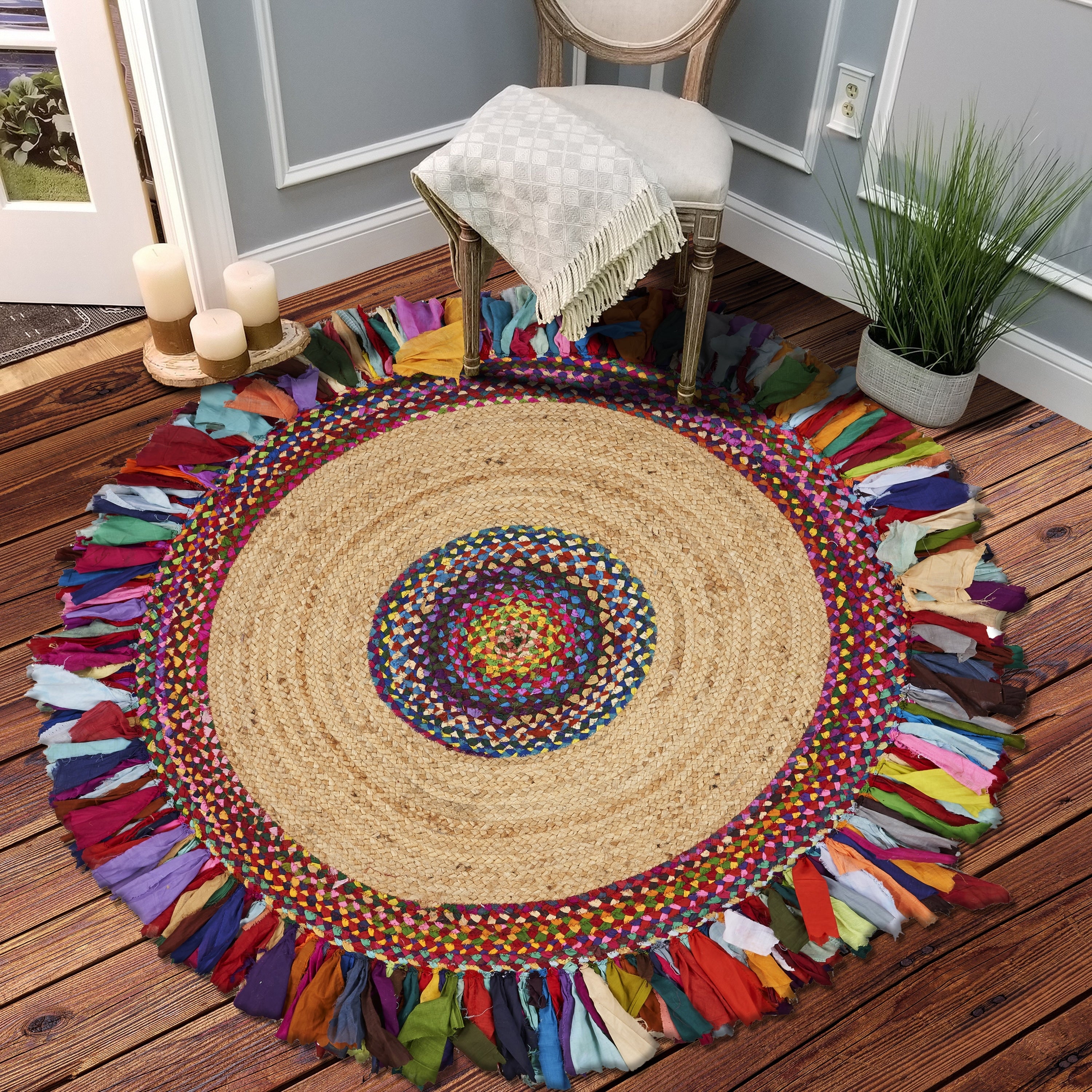 Lr Home Hand Braided Natural Jute Malena Chindi Multi Cotton Jute Rug Multi Color 56 X 56