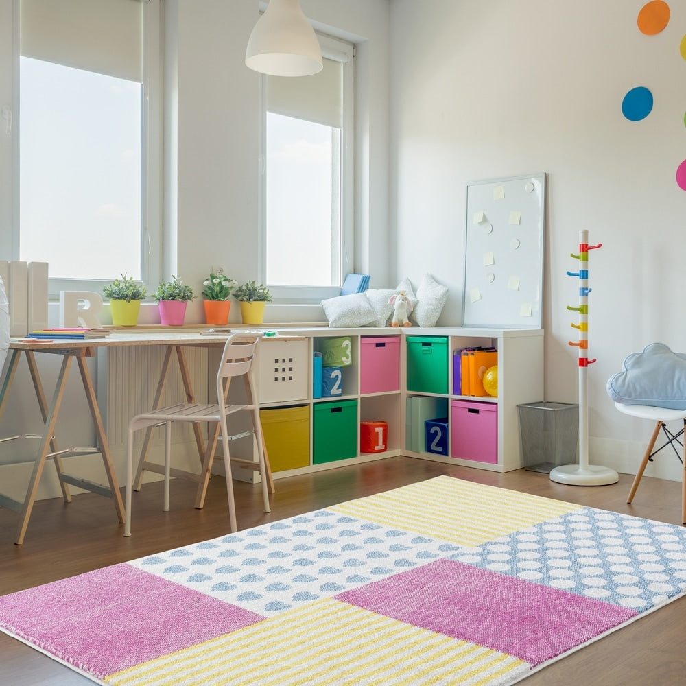 Lr Home Whimsical Patchwork Cream Yellow Kids Olefin Area Rug 5 X 7