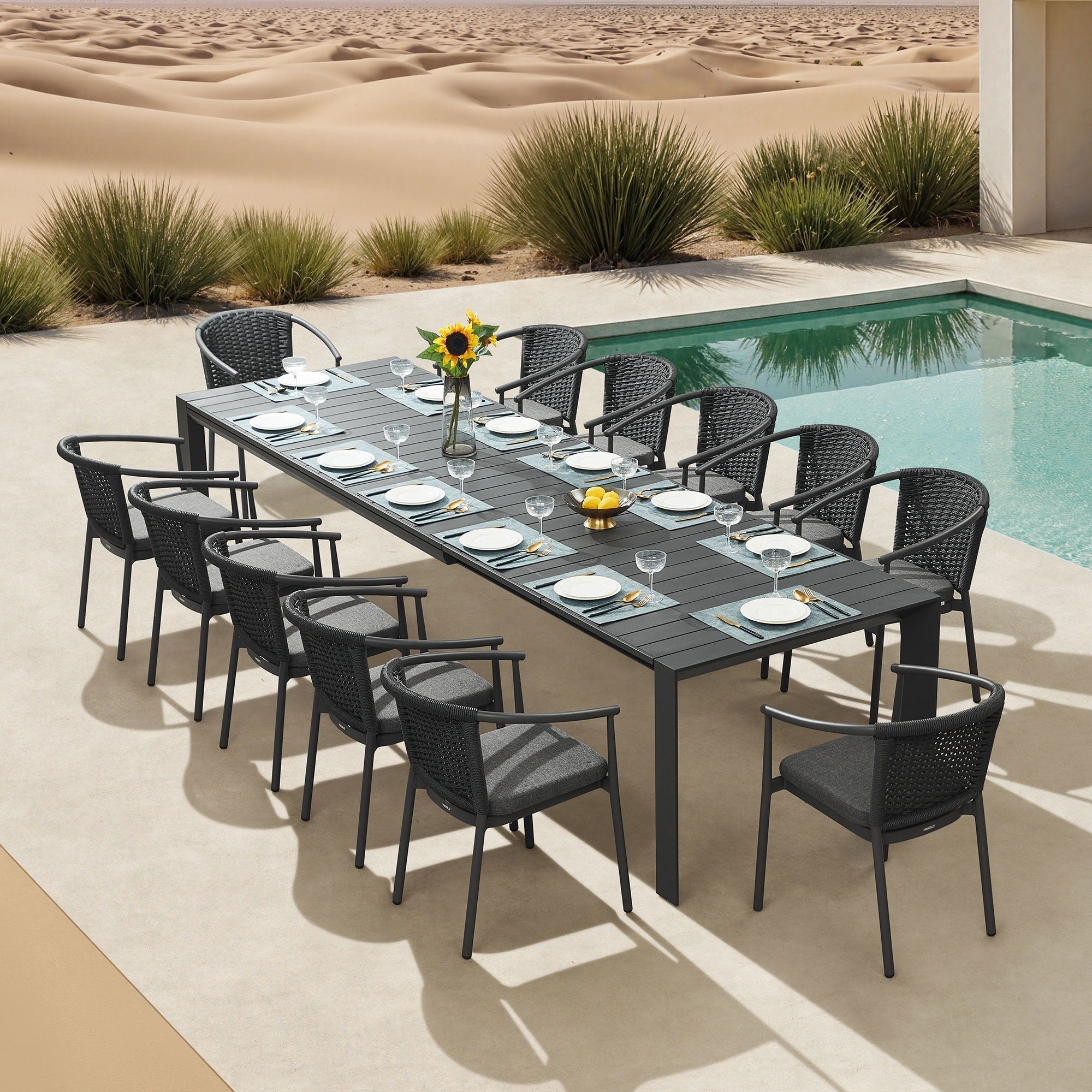 Lumen 12 Person All Aluminum Outdoor Dining Set With Three Version Extending Mode For 8 10 12 Seating 13 Piece Set