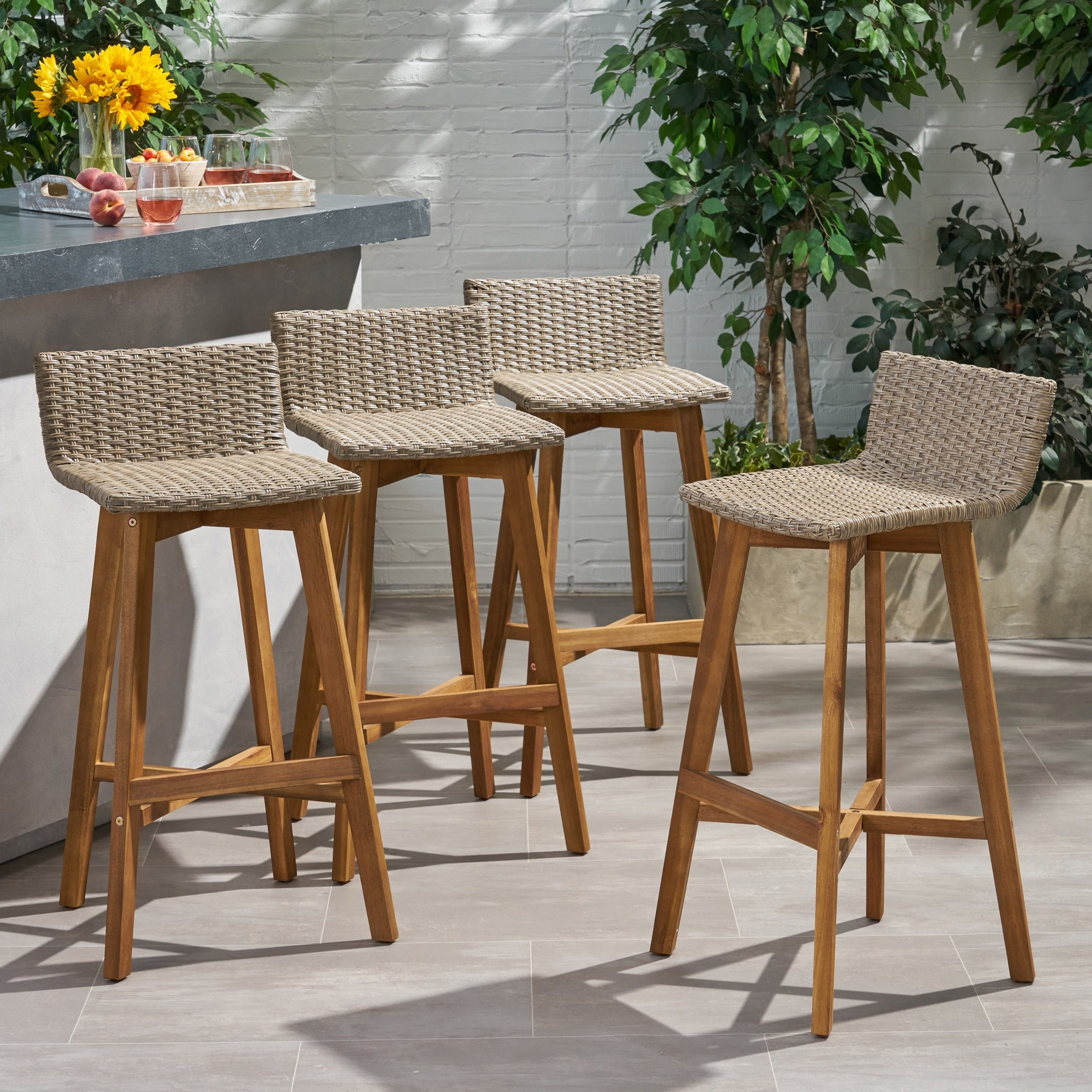 La Brea Outdoor Acacia Wood And Wicker Barstools Set Of 4 By Christopher Knight Home
