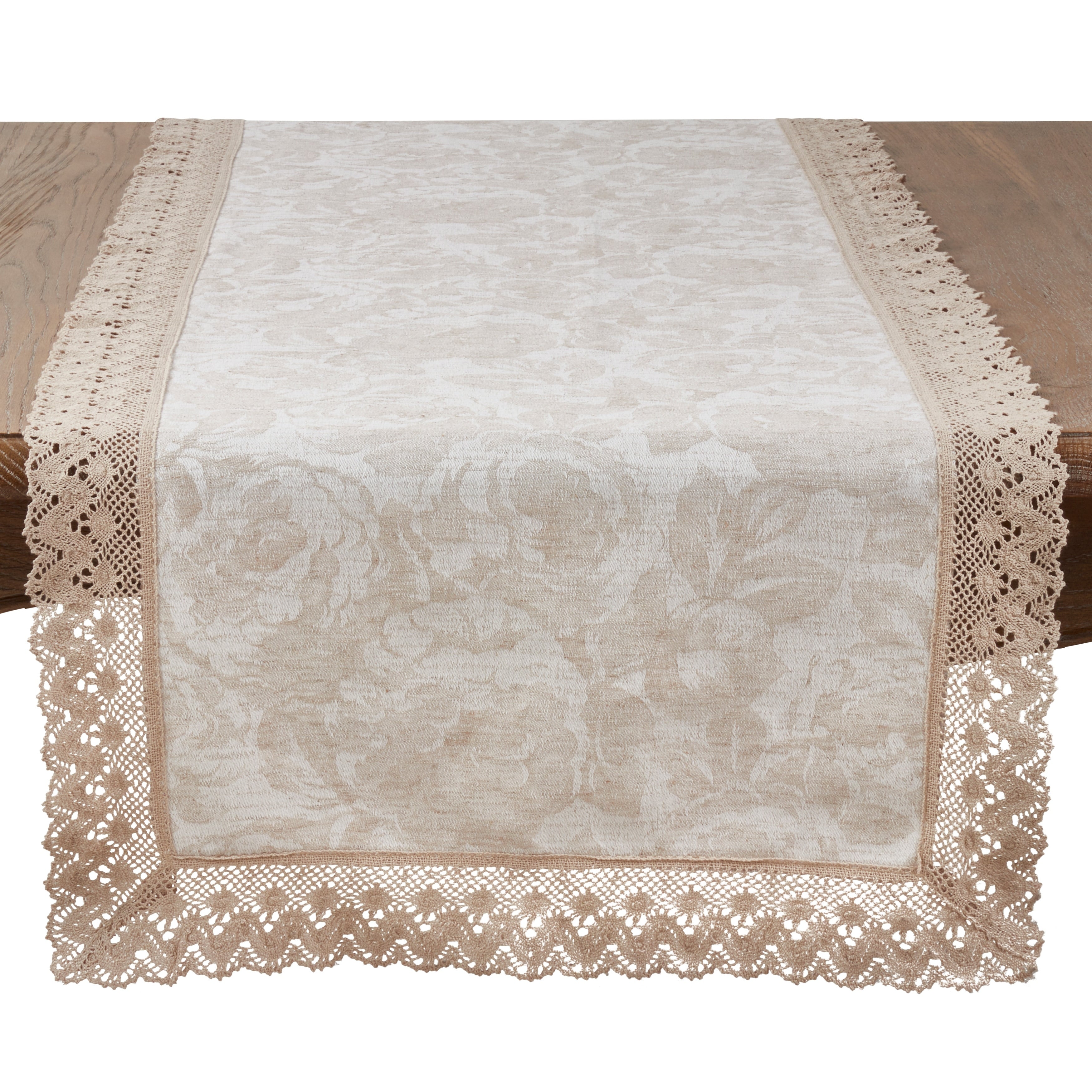 Saro Lifestyle Natural Cotton Linen Jacquard Table Runner With Lace Trim