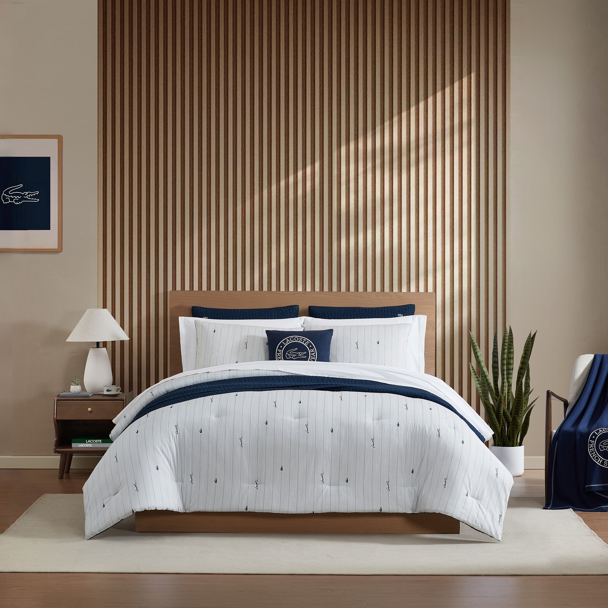 Lacoste Logo Stripe Percale Cotton 3 Piece Comforter Set