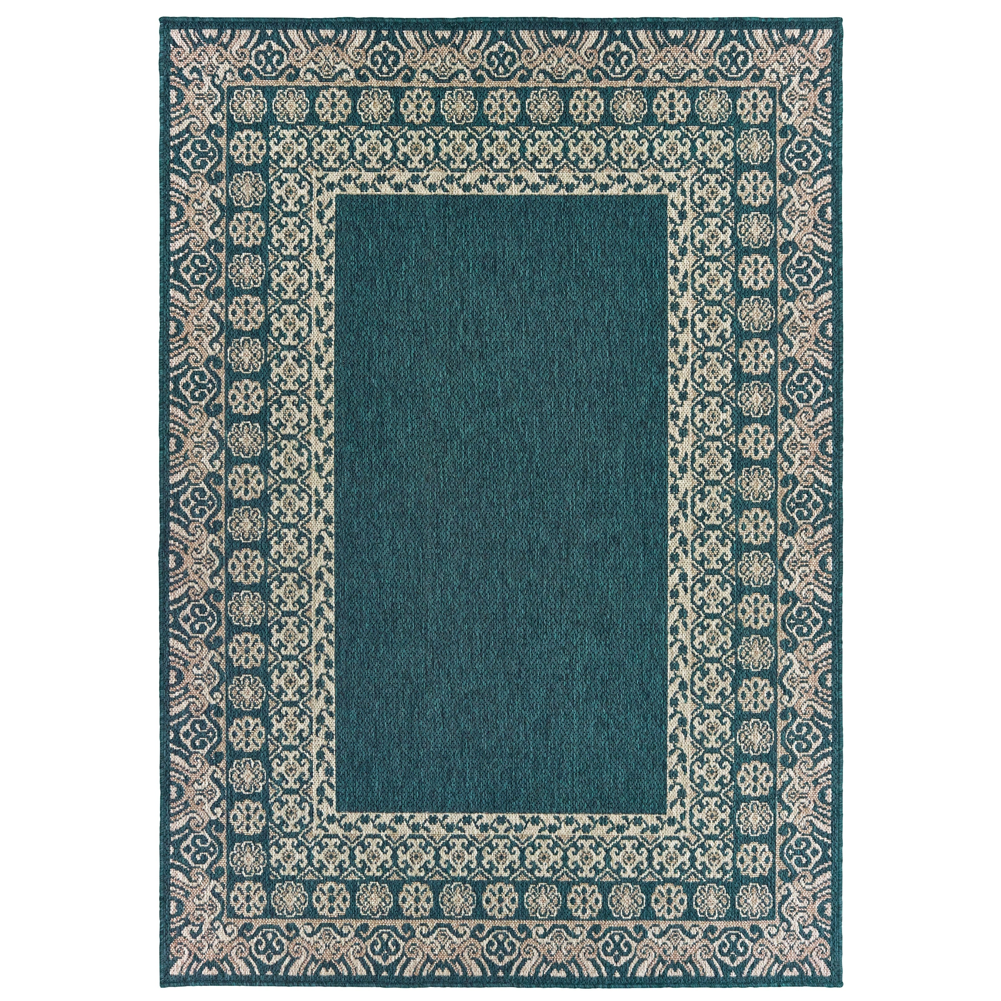 Laguna Bordered Traditional Blue Grey Indoor Outdoor Area Rug