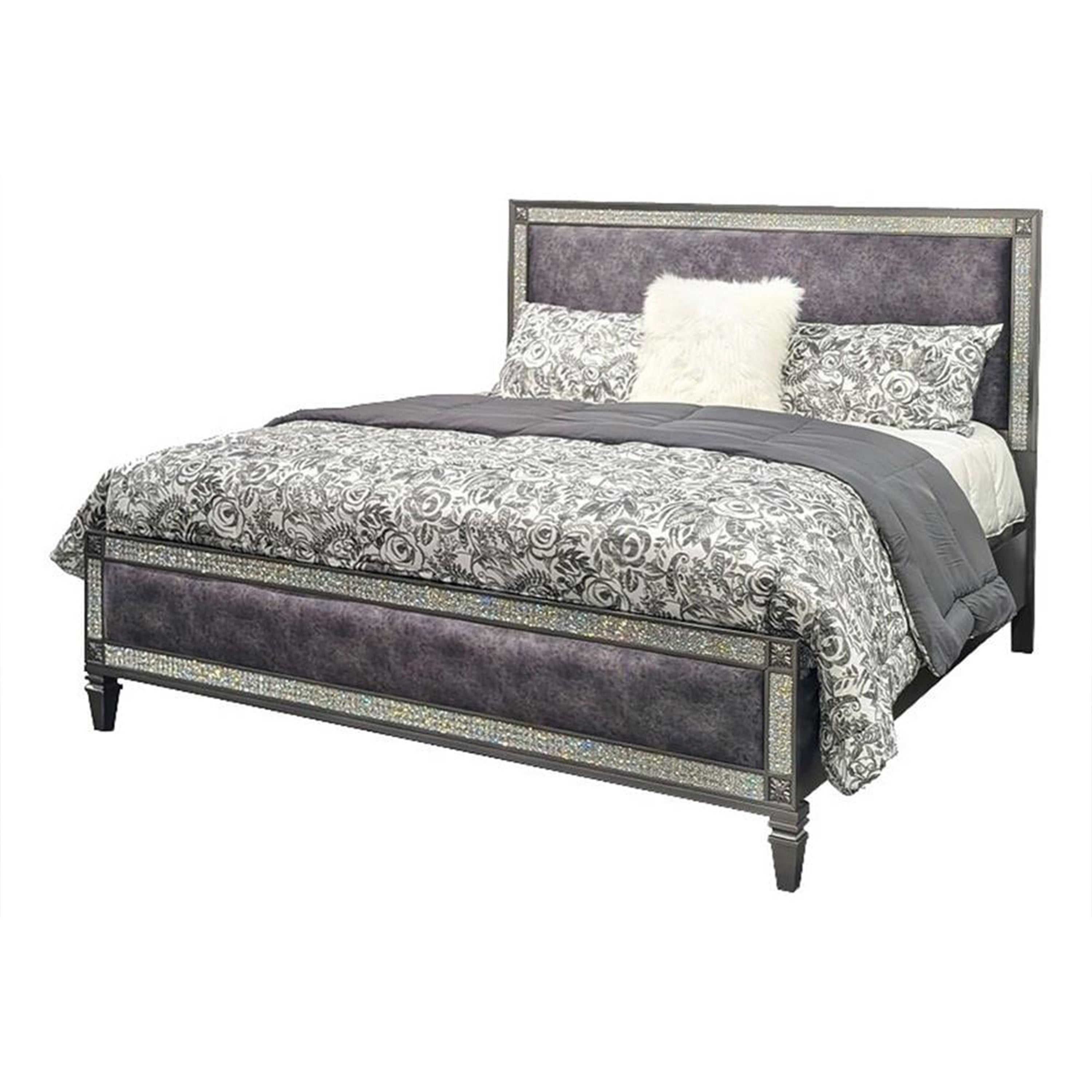 Laine Full Bed Glam Crystal Acrylic Trim Gray Fabric Upholstered