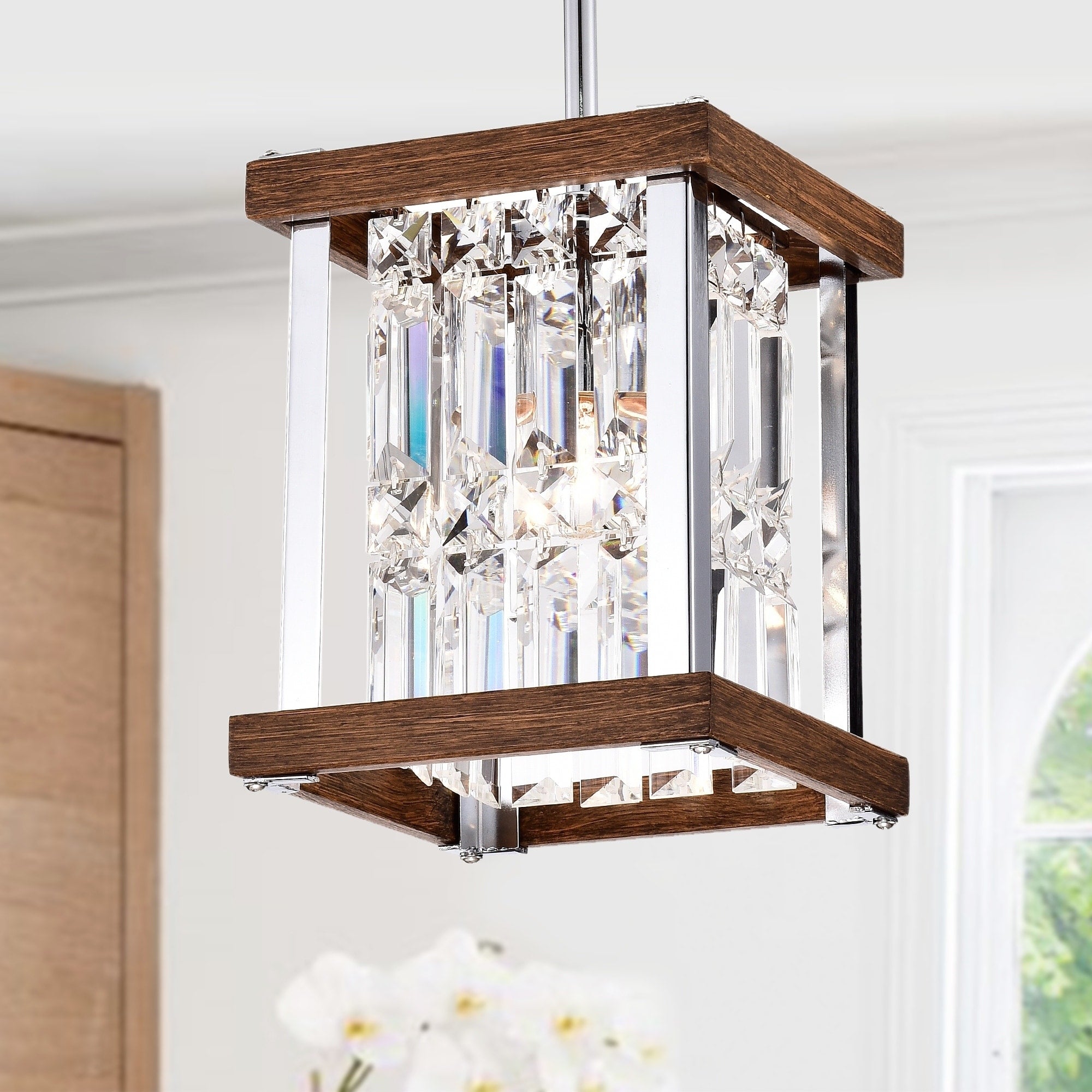 Laius Imitation Wood Grain Chrome 1 Light Pendant With Crystals