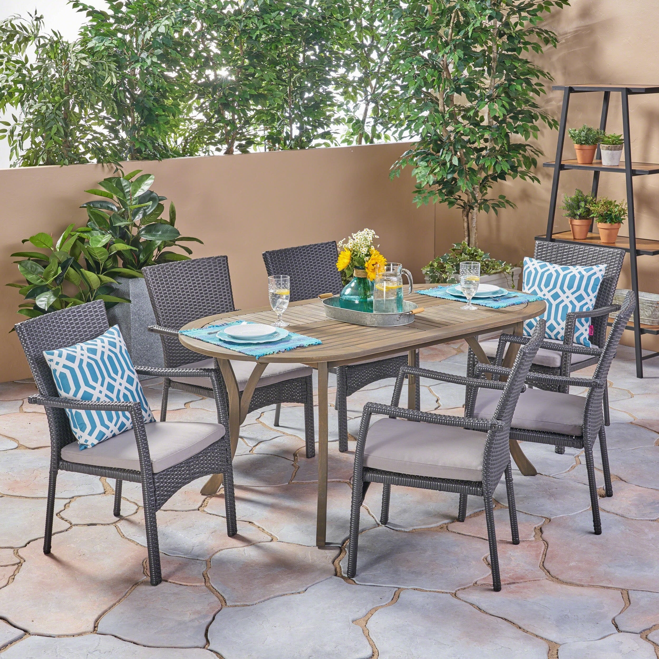 Landon Outdoor 7 Piece Wood And Wicker Dining Set