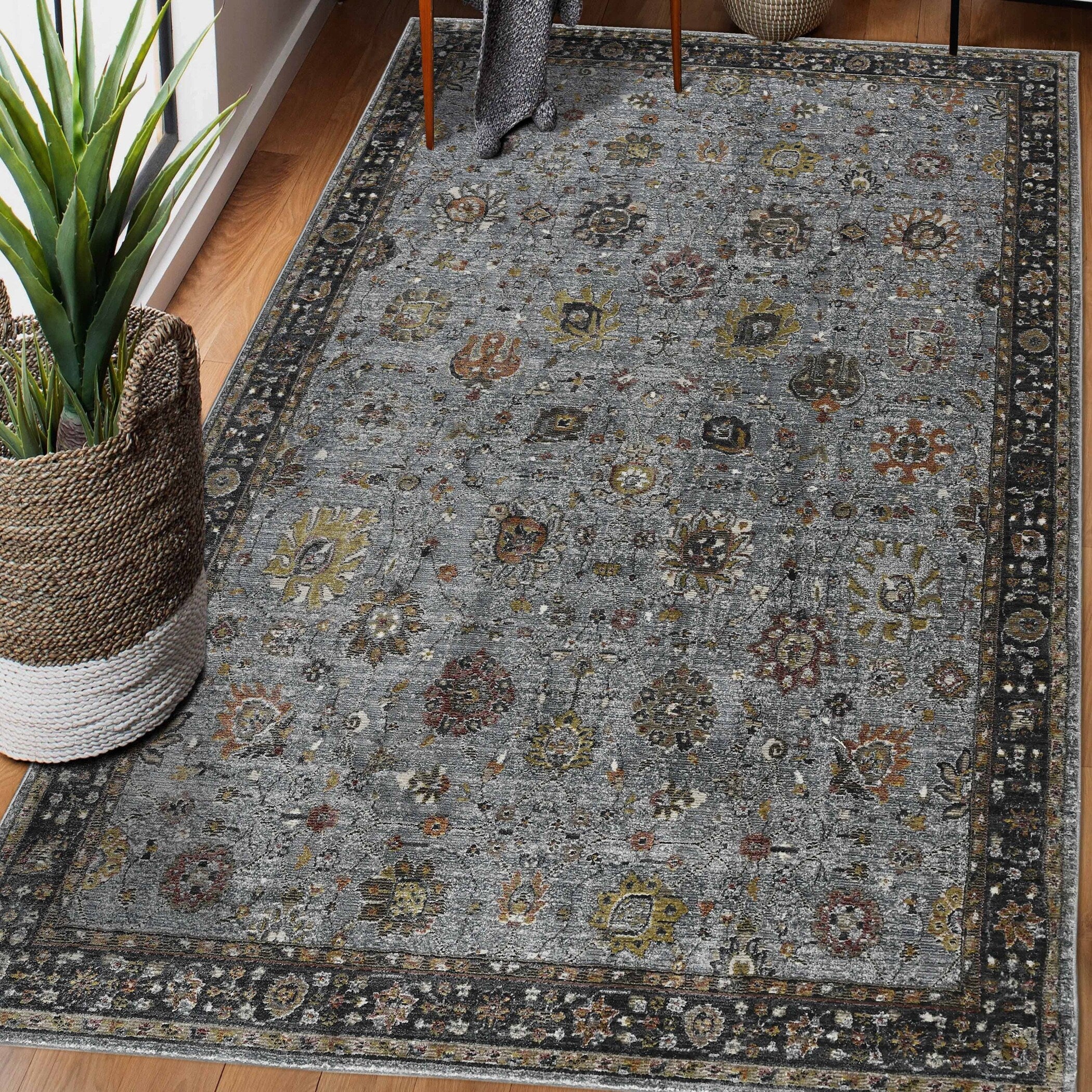 Lanfar Dark Gray Vintage Bordered Area Rug