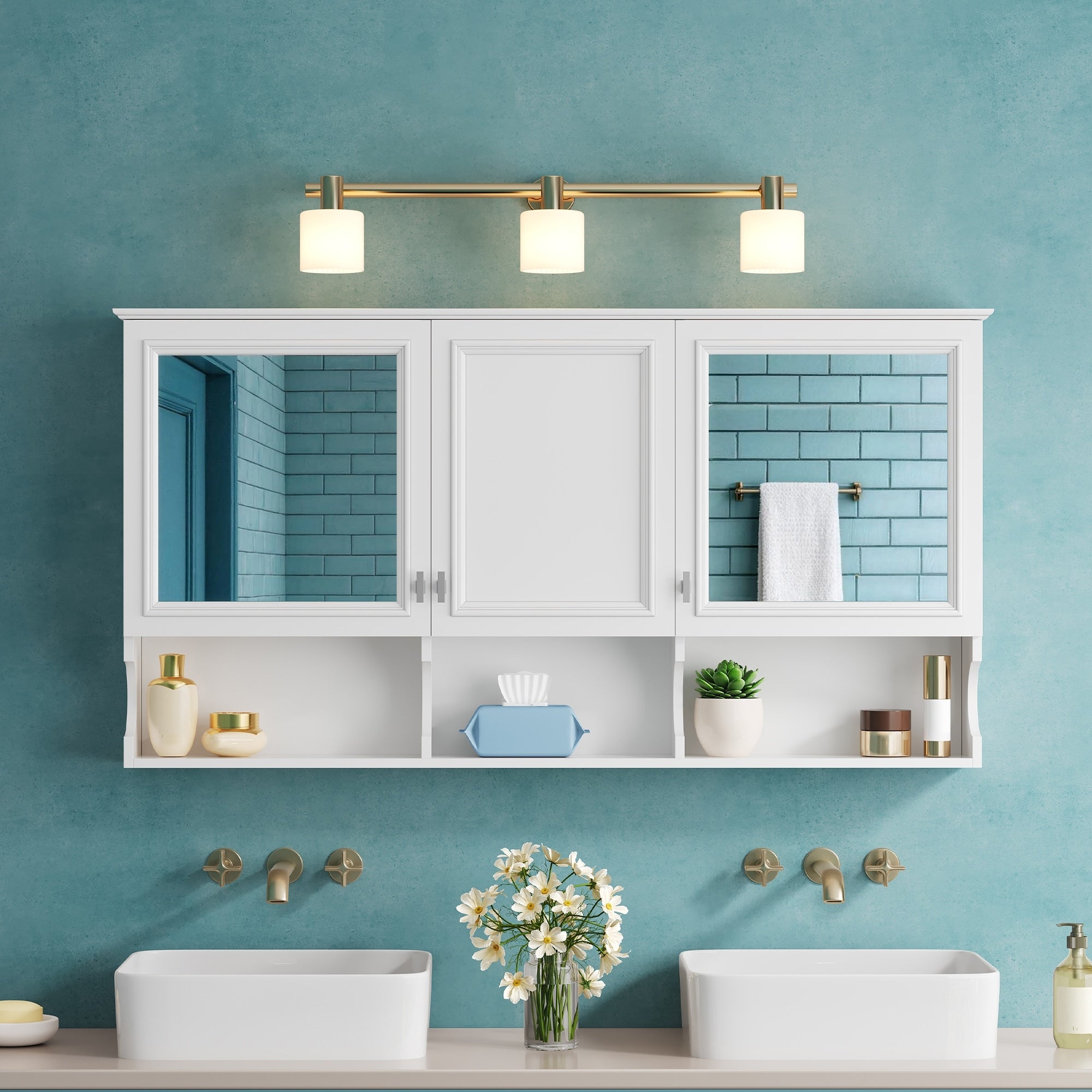 Langford 55 Modern Wall Mounted Mirror Medicine Cabinet With Adjustable Shelf Open Storage And Soft Close Doors By Gdfstudio