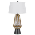 Lantern Table Lamp With Night Light Burlap Wrapped Glass Body Gray Metal