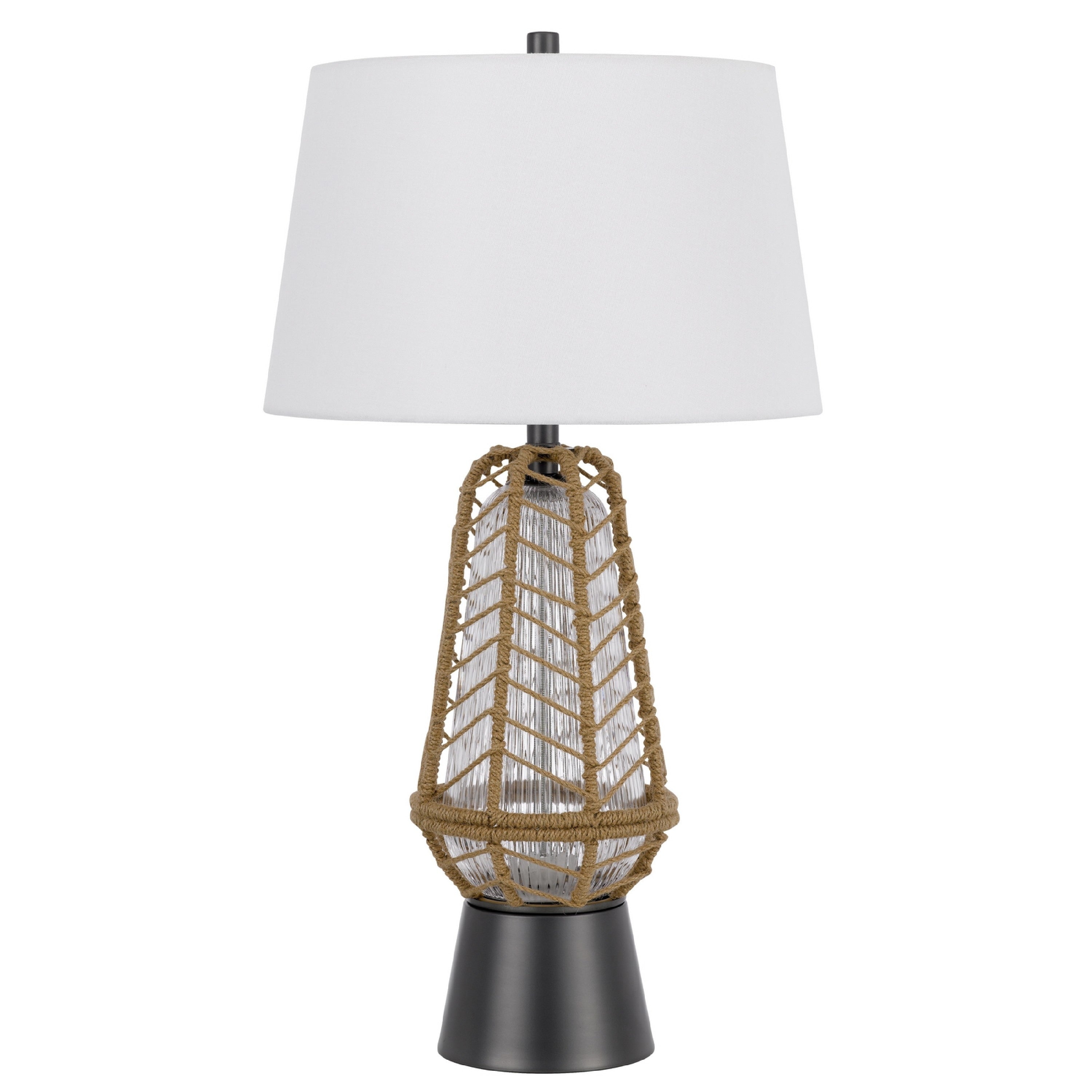 Lantern Table Lamp With Night Light Burlap Wrapped Glass Body Gray Metal